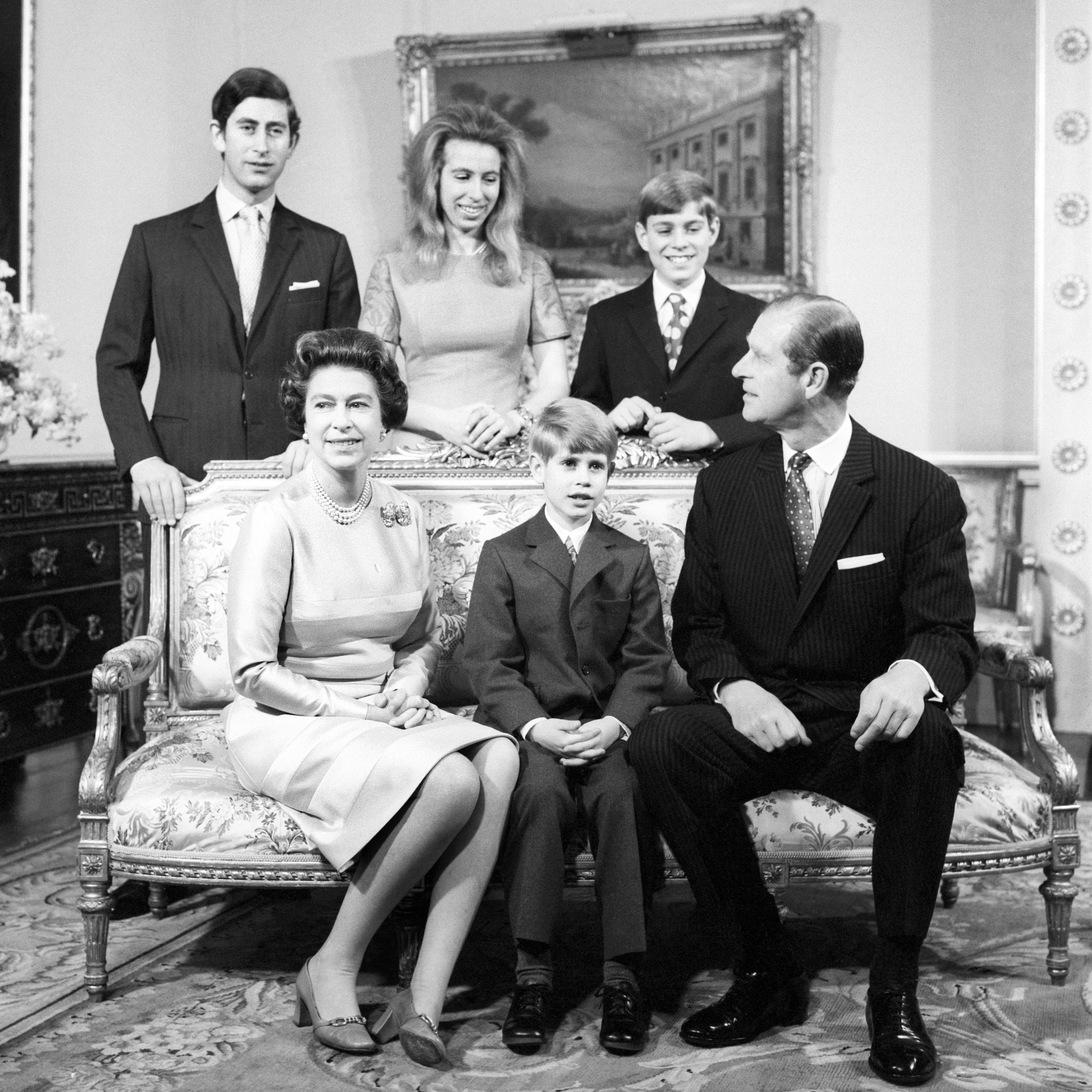<p>Queen Elizabeth II and Prince Philip posed with their children -- Prince Charles, Princes Anne, Prince Andrew and Prince Edward -- in the Belgian suite at Buckingham Palace for a silver wedding anniversary portrait marking 25 years of marriage on Nov. 20, 1972.</p>