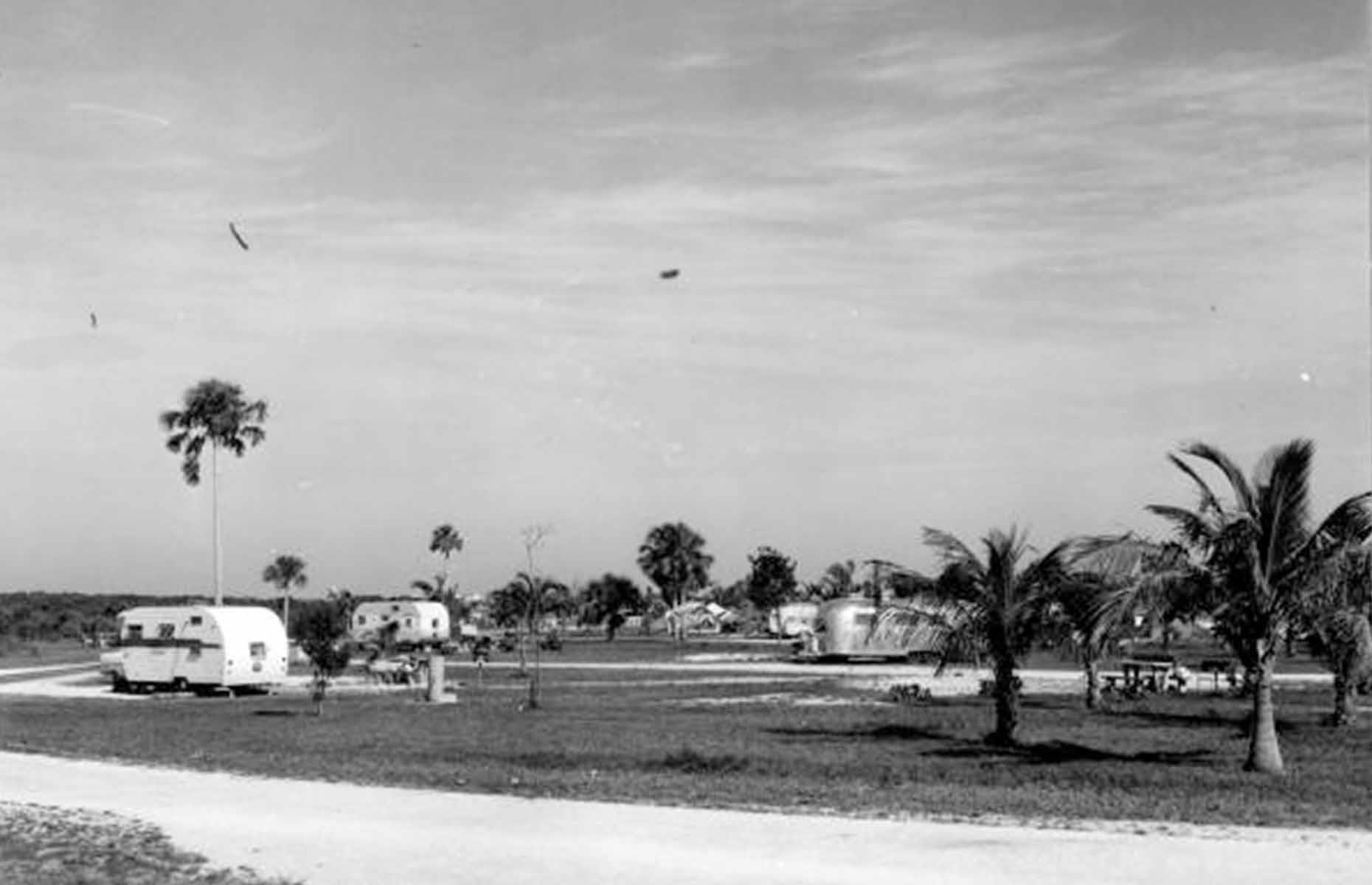 RV campgrounds were now ubiquitous across America, although most parks only had a handful of full hook-up sites. This palm-studded park is filled with large RVs and airstream trailers, and could be found in the Flamingo area of Everglades National Park.