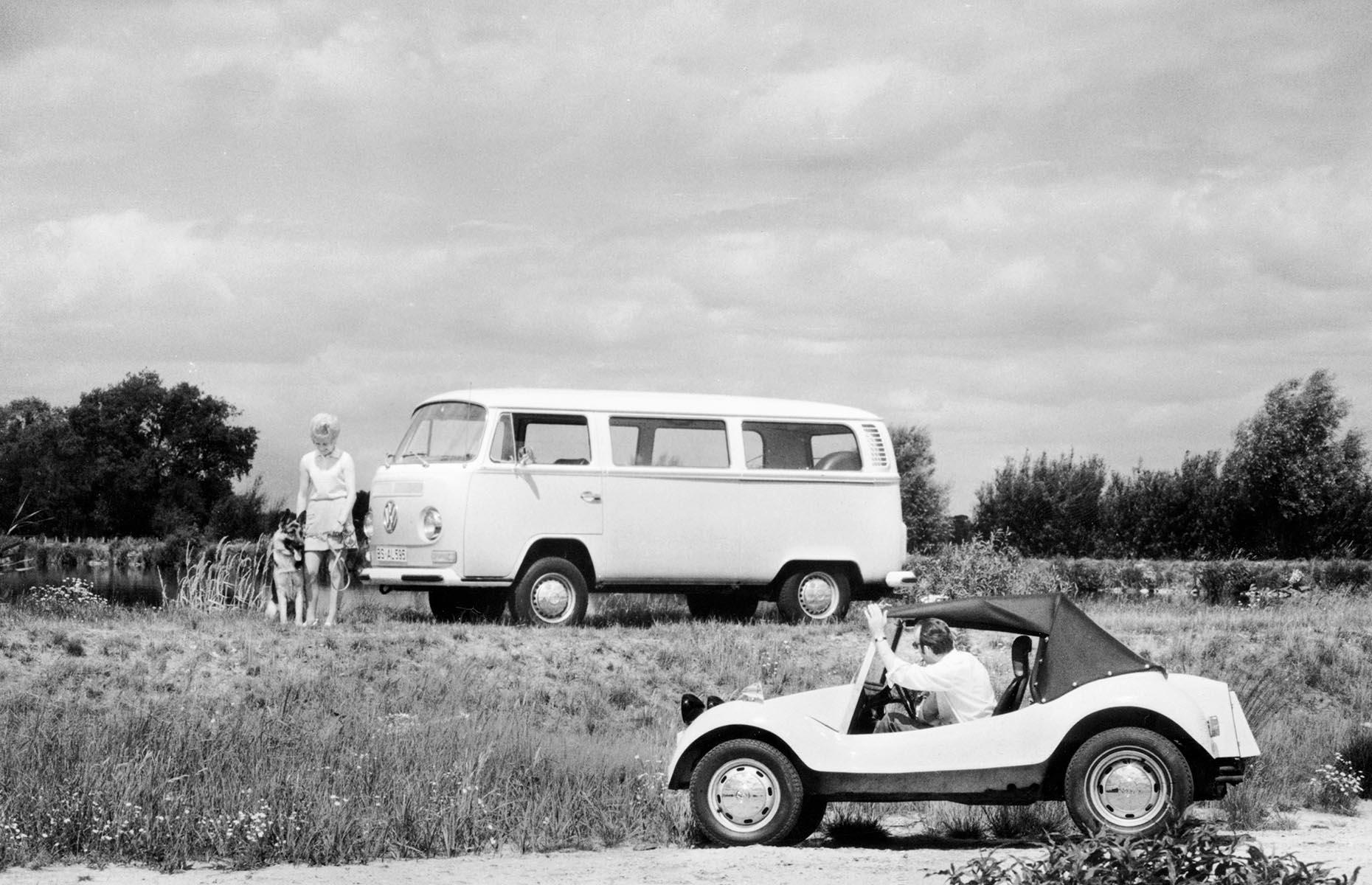 <p>Combining a beach escape with a camper van adventure was – and still is – a popular vacation style. In this dreamy 1970s shot, a man pulls up in a beach buggy while a woman and her dog stand by a smart VW camper van.</p>  <p><strong><a href="https://www.loveexploring.com/galleries/114413/dream-drives-your-states-most-scenic-road">Take a look at your state's most scenic road</a></strong></p>