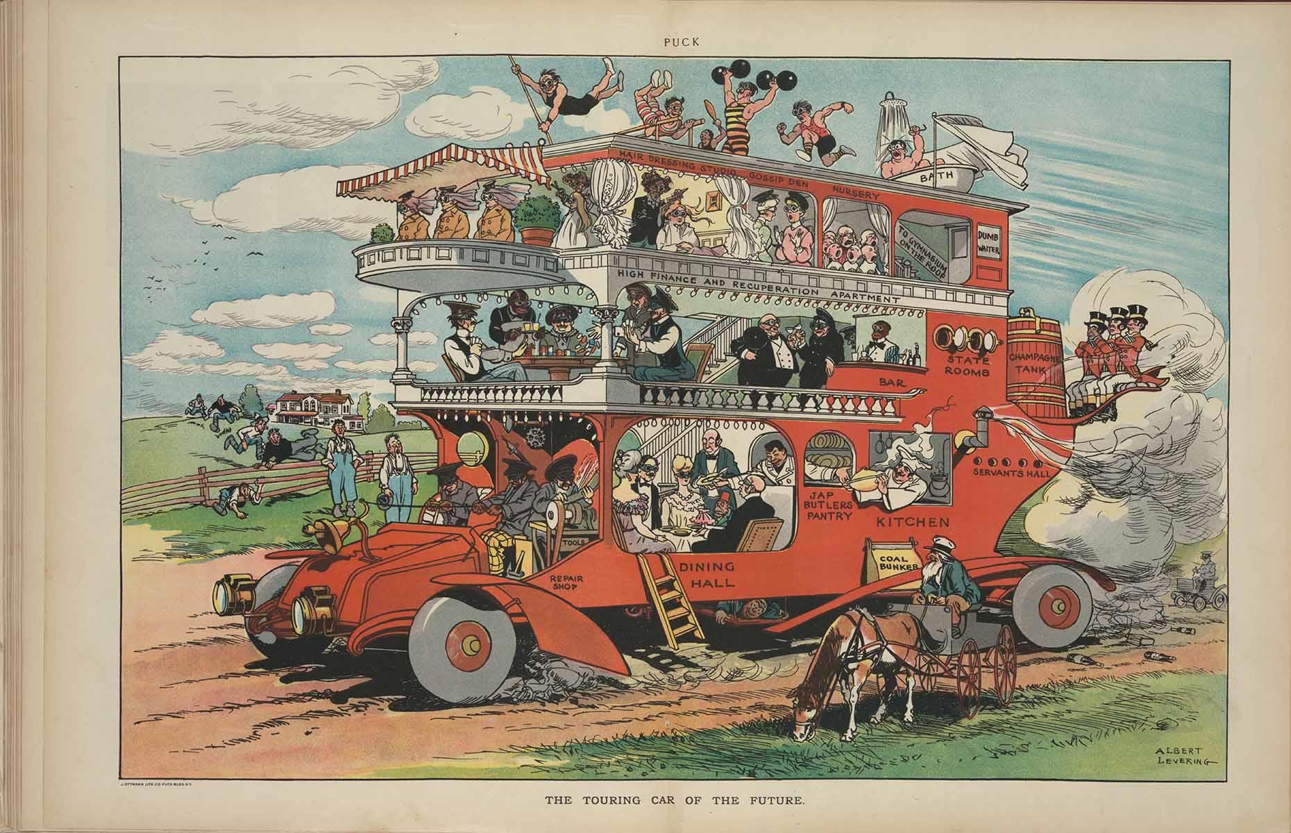 <p>Fast-forward to the turn of the century and automobile manufacturing was increasing steadily. Couple that with wealthy Americans' increasing appetite for travel across the States and US travelers were in need of a new breed of motorcar. This 1905 sketch by Albert Levering – titled "The touring car of the future" – is tongue-in-cheek, but it signals a want for a new vehicle that offers explorers everything they need on the road.</p>