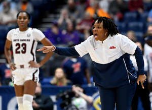 Ole Miss head coach Yolett McPhee-McCuin yells to her players during the first half of an NCAA college basketball semifinal game against South Carolina, at the women’s Southeastern Conference tournament, Saturday, March 5, 2022, in Nashville, Tenn.