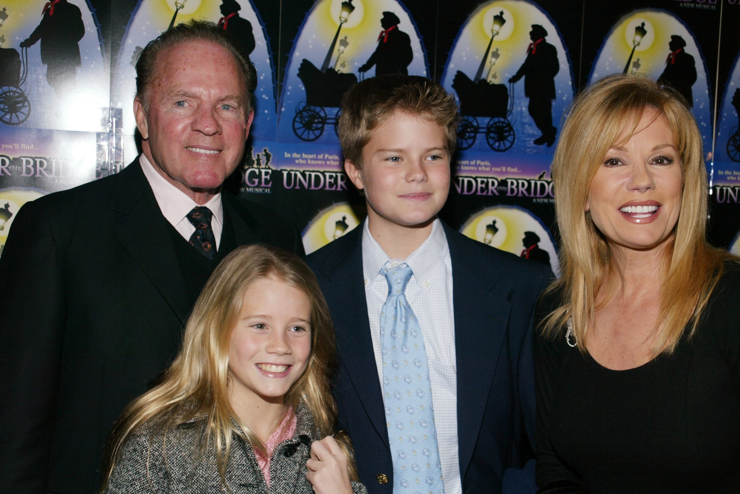 <p>Former football star and sportscaster Frank Gifford and wife Kathie Lee Gifford posed with their kids, Cassidy Gifford (then 11) and Cody Gifford (then 14), on opening night of the musical "Under the Bridge" in New York City on Jan. 6, 2005.</p>