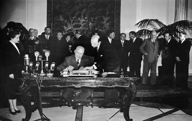Slide 4 of 31: Following the membership of West Germany in 1955, the Soviets responded to NATO by signing the Warsaw Pact. This was an alliance between the Soviet Union and communist countries in Eastern Europe.
