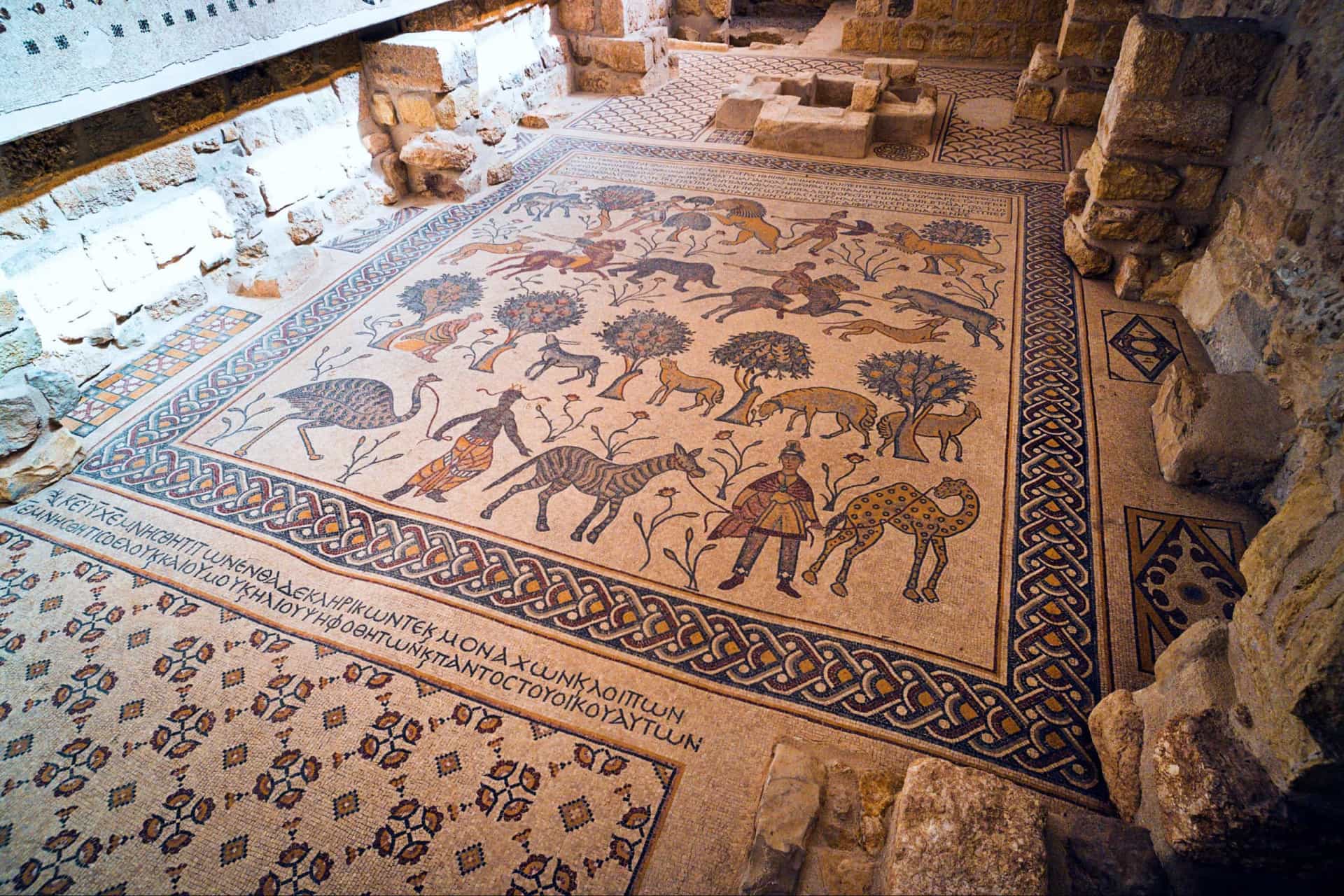 <p>Mount Nebo in Jordan is mentioned in the Bible as the place where Moses was granted a view of the Promised Land before his death. Pictured is the fabulous mosaic decorating the floor of the diaconicon-baptistery in the remains of a Byzantine Church located on the highest point of the mount.</p>