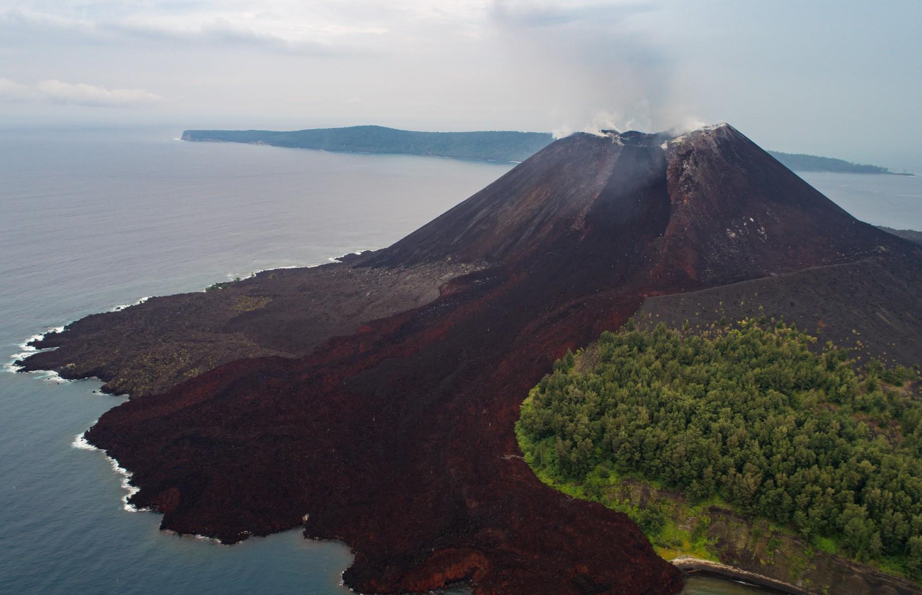 One of the biggest volcanic eruptions in recorded history happened in 1883 in the Sunda Strait between the islands of Java and Sumatra. The island of Krakatoa was destroyed and an ash cloud entered the atmosphere and circled the world. Anak Krakatoa, meaning the 'child of Krakatoa', is a cinder cone volcano formed inside the original Krakatoa caldera. It only appeared in 1927 and as a young volcano it's of huge interest to scientists.