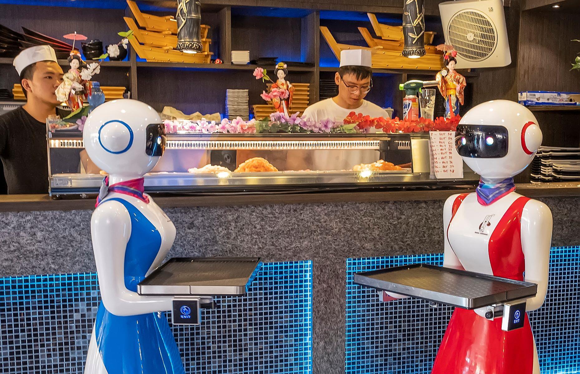<p>Robot waiters are popping up all over the world, from the Gran Caffè Rapallo in Italy (pictured) to a care home in Delaware County, USA. Programmed to collect and deliver food, these robots range from the humanoid to the purely functional.</p>
