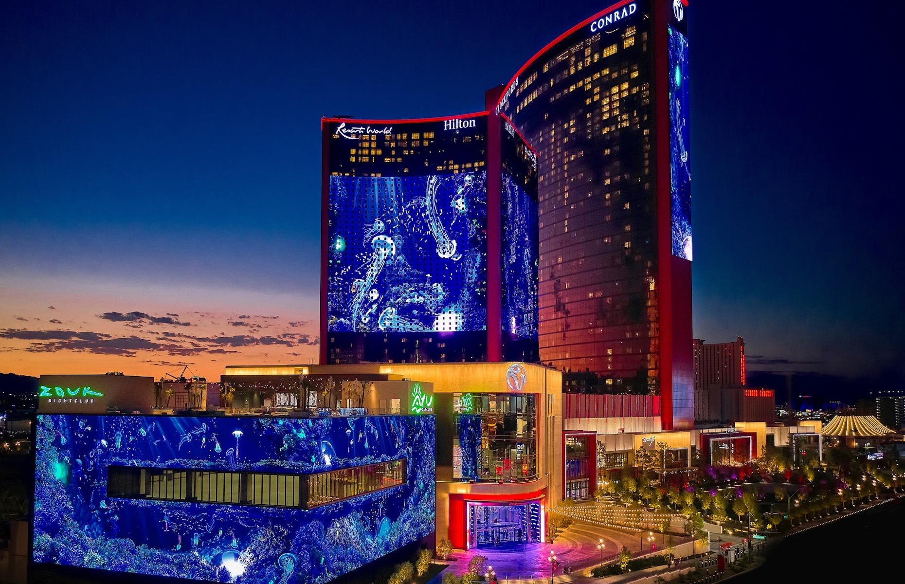 <p>Sin City newcomer Resorts World Las Vegas has 3,506 guest rooms spread across its property that consists of three hotels: Las Vegas Hilton, Conrad Las Vegas and Crockfords Las Vegas. Opening on the north end of Las Vegas Boulevard in June 2021, it was the first integrated resort to be built on the Strip in over a decade.  As well as its 117,000-square-foot (35,662sqm) casino, it has over 40 food and drink venues and a 5,000-capacity theater. Its 5.5-acre pool complex, complete with nine bodies of water, is the largest elevated pool deck in town and has stunning city views.</p>