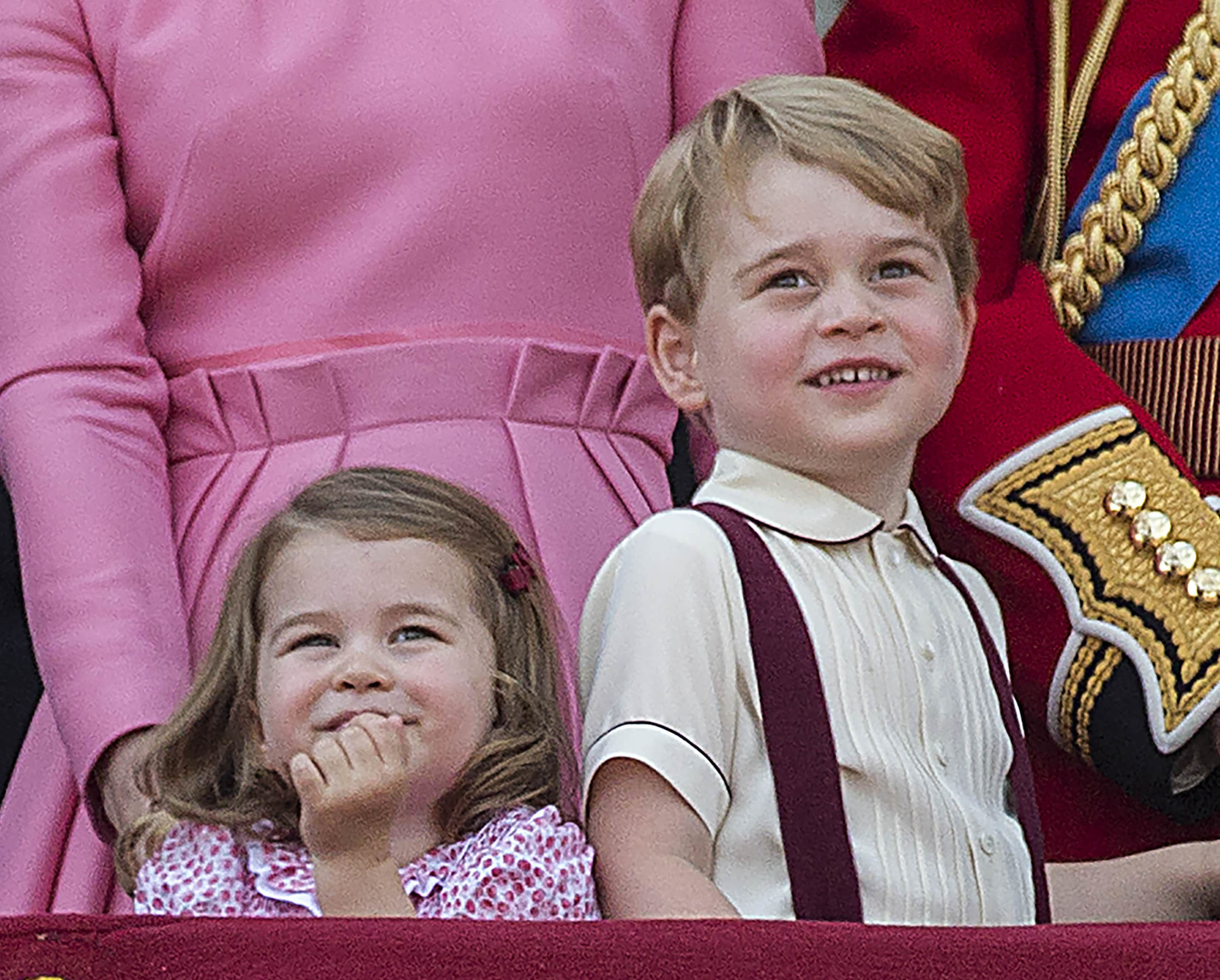 <p>Princess Charlotte and Prince George were delighted by the airplanes and crowds during the annual Trooping the Colour in London on July 17, 2017.</p>