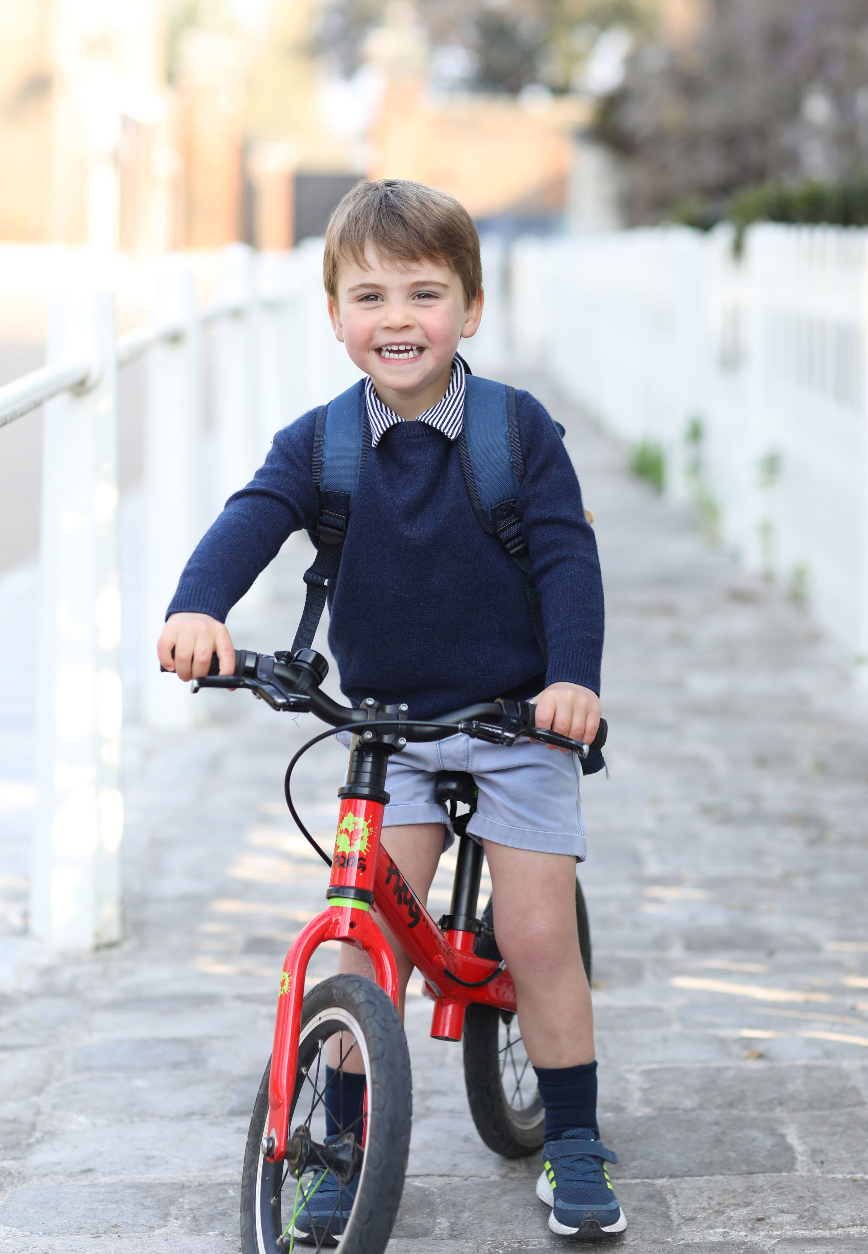 <p>Mom <a href="https://www.wonderwall.com/celebrity/profiles/overview/duchess-kate-1356.article">Duchess Kate</a> took this pic of her youngest son, Prince Louis, on his bike as he left for his first day at the Willcocks Nursery School during his birthday week, Kensington Palace shared. He turned 3 on April 23, 2021.</p>