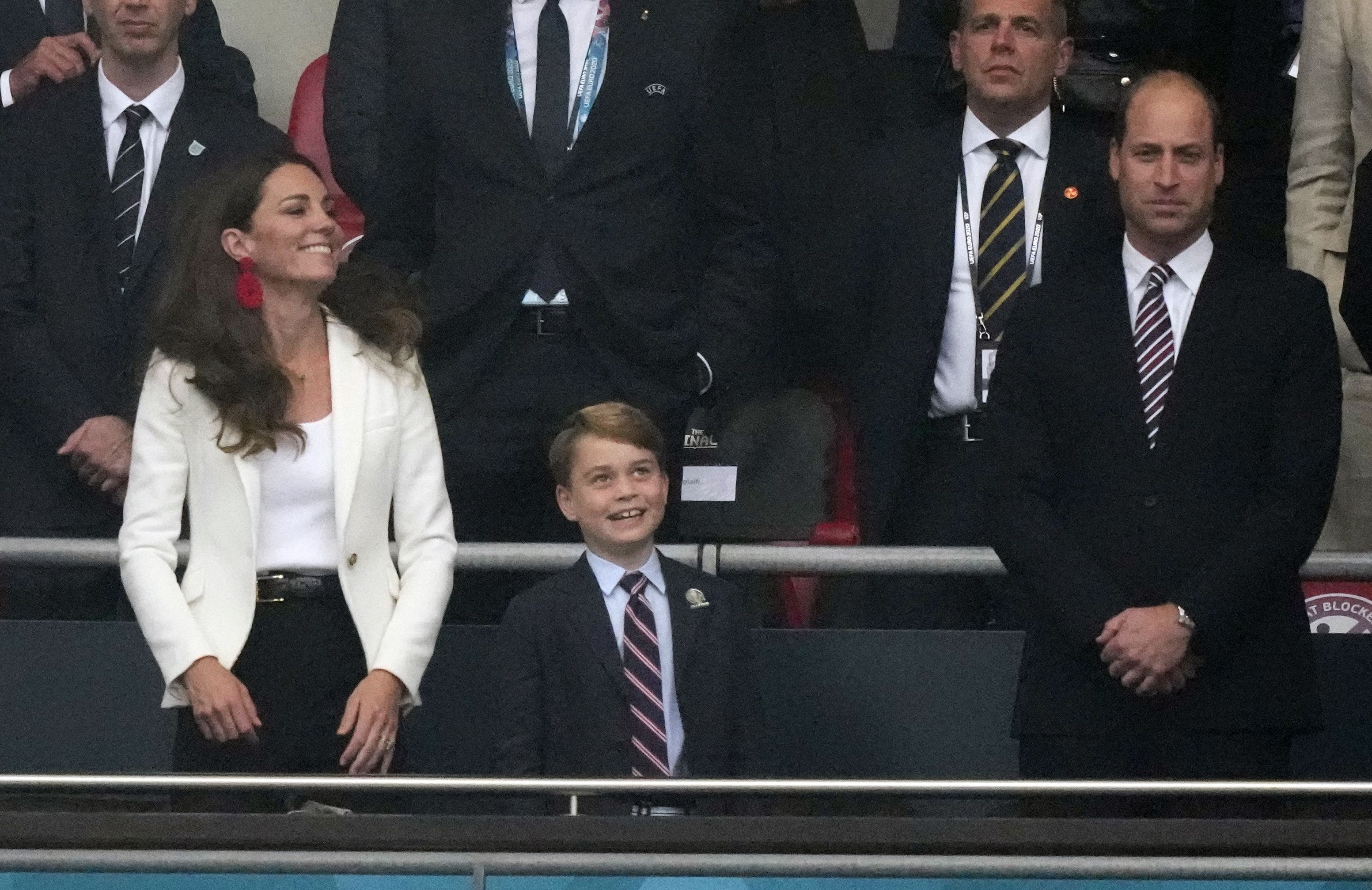 <p>Prince George and his parents appear in <span>the stands during the UEFA EURO 2020 football final between Italy and England in London on July 11, 2021. </span></p>