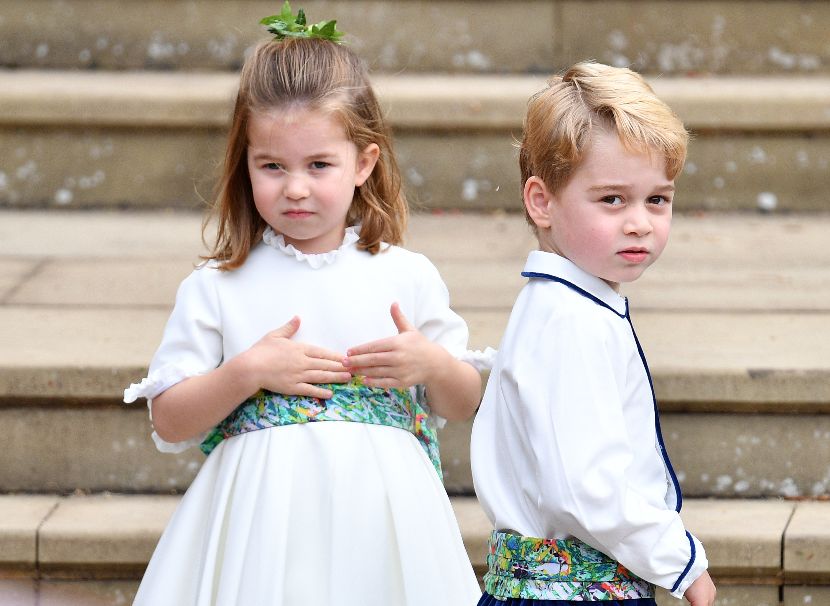 <p>Sibling sweeties! Princess Charlotte and Prince George served as a bridesmaid and a pageboy in second cousin Princess Eugenie's <a href="https://www.wonderwall.com/celebrity/couples/princess-eugenie-jack-brooksbank-royal-wedding-day-all-details-you-need-know-and-see-dress-tiara-guests-more-3016793.gallery">wedding</a> at St. George's Chapel at Windsor Castle on Oct. 12, 2018.</p>