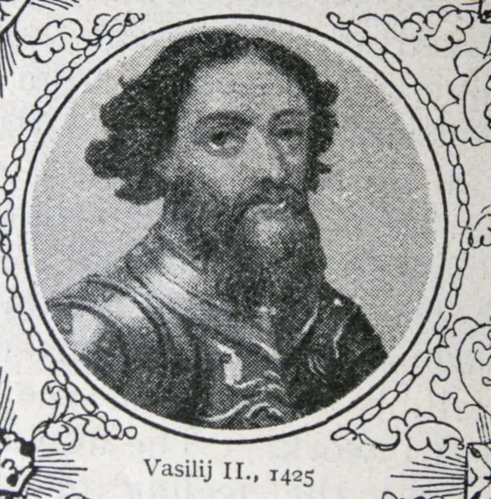 <p>Vasily Kosoy was Grand Prince of Moscow in the early 1430s, and in the midst of civil war he was overthrown by his cousin and brother. While in prison, he was blinded, and then apparently adopted the new nickname of Vasily the Blind.</p>