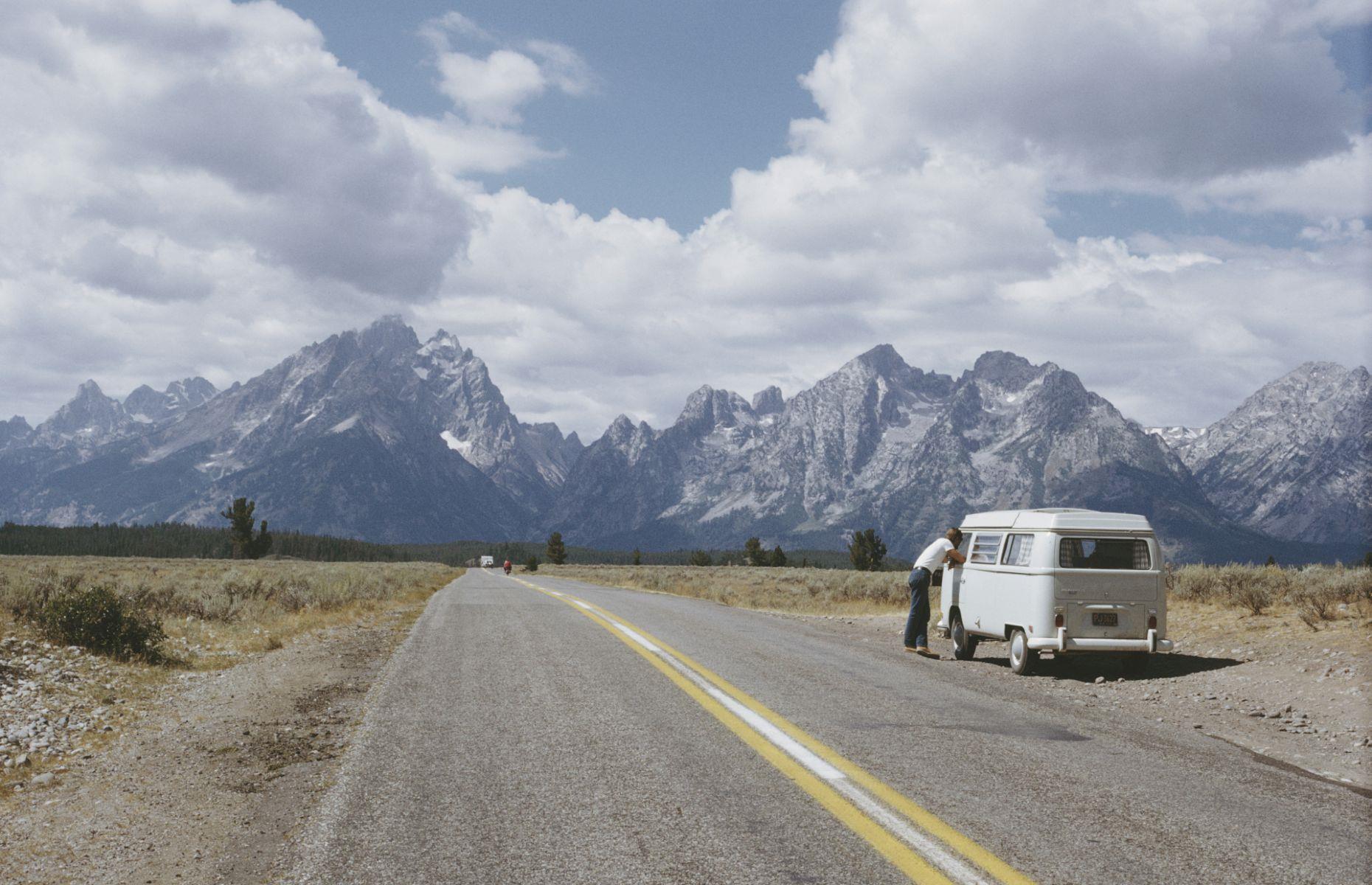 Camper vans became a big thing in the 1960s, when they were increasingly associated with the hippie counterculture of the time. Popular models included Volkswagen’s Type 1 and Type 2 Transporters and Dodge & Chevy’s Dodge A100. Seen here is a van parked up by the Teton Range of the Rocky Mountains in Wyoming.