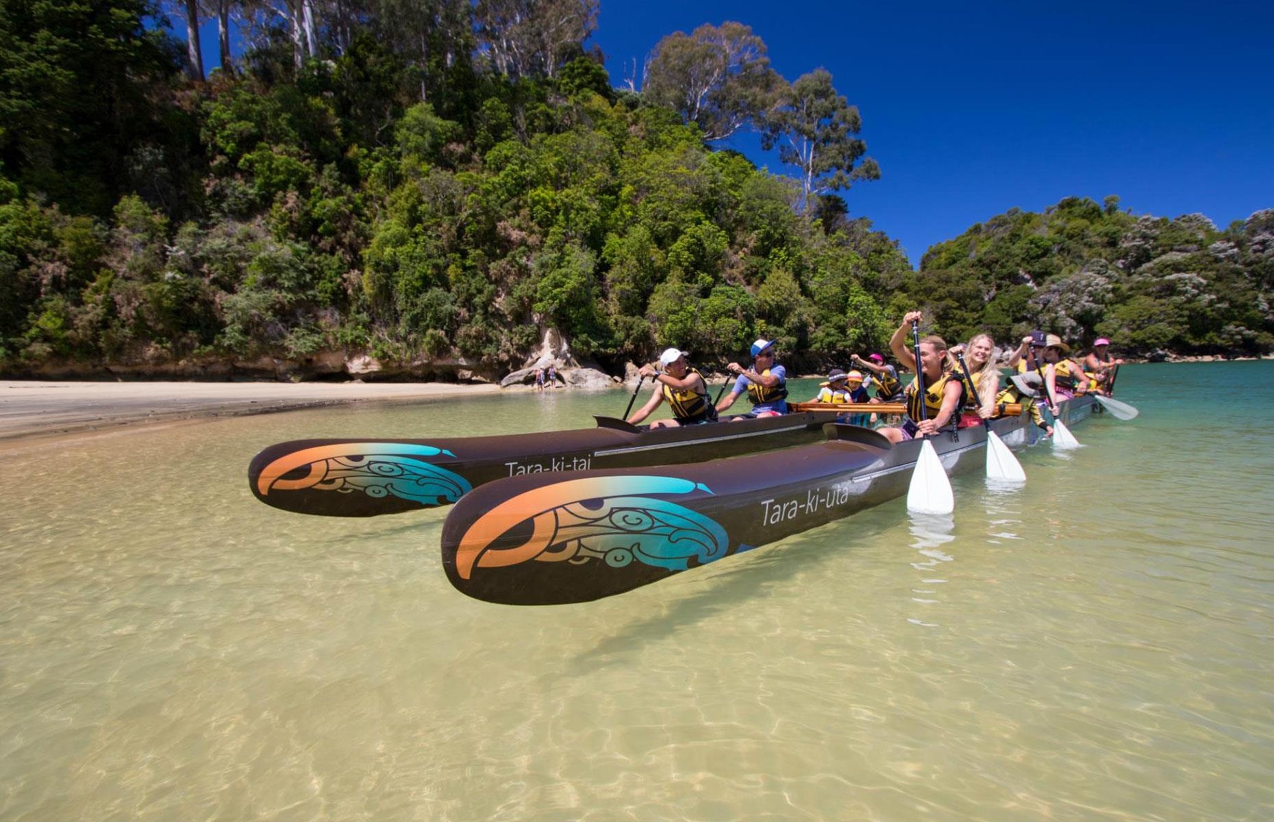 <p>More than 800 years ago Māori arrived in New Zealand on waka (canoes) from eastern Polynesia. Learning about Māori heritage while <a href="https://wakaabeltasman.nz/">paddling as a team</a> along the beautiful Abel Tasman coast in single or double-hulled outrigger canoes is a special experience. Visitors learn the etiquette (tikanga) associated with waka before beginning the journey along the coast to Split Apple Rock. All trips also begin and end with a blessing (karakia) for protection.</p>
