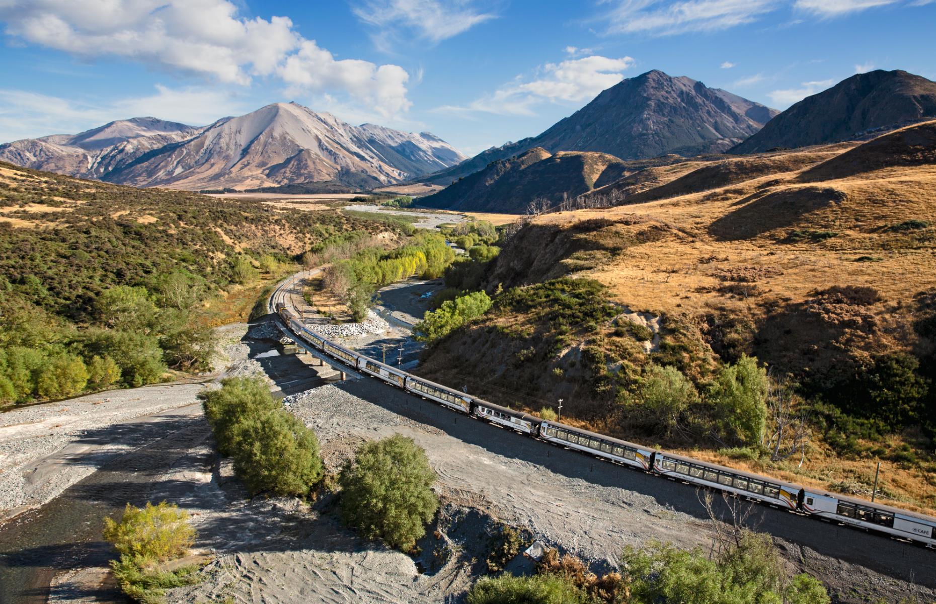 <p>The stupendous scenery of the <a href="https://www.greatjourneysofnz.co.nz/tranzalpine/">TranzAlpine rail route</a> between Christchurch and Greymouth takes in the Canterbury Plains, Southern Alps (jump off to explore Arthur's Pass), lush lake valleys and native beech forests. The train goes through short tunnels and crosses dramatic viaducts on its five-hour journey. Currently, face masks are required, even in the open-air viewing carriage.</p>  <p><strong><a href="https://www.loveexploring.com/galleries/64341/the-worlds-most-luxurious-train-journeys-you-wont-want-to-get-off">These are the world's most luxurious train journeys</a></strong></p>