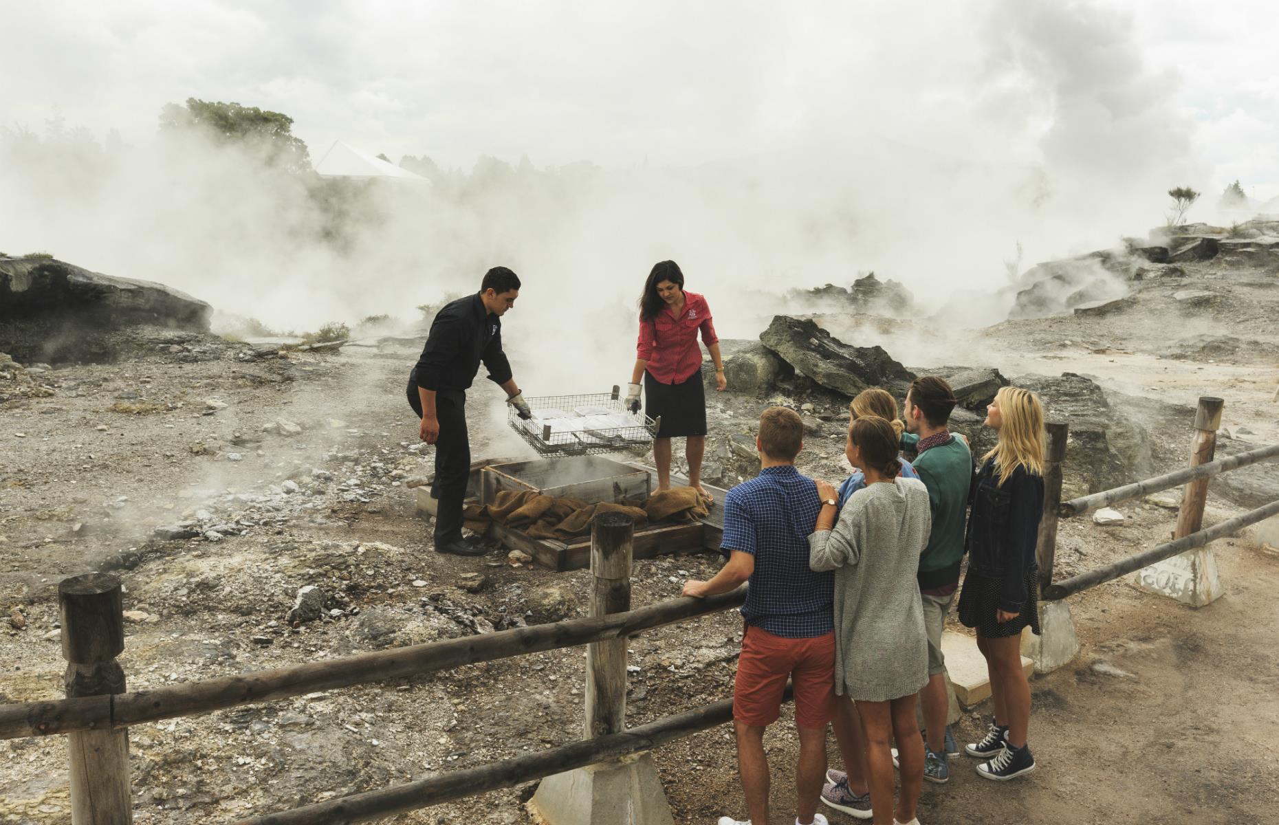 <p>Māori traditionally used the natural geothermal heat of Rotorua as a subterranean oven. At the <a href="https://tepuia.com/">Te Puia</a> Māori cultural centre you can enjoy a hāngi buffet lunch that includes chicken and lamb dishes cooked in a pit dug in the earth. As New Zealand reopens, hāngi experiences are also expected to return at <a href="https://whakarewarewa.com/">Whakarewarewa</a> and <a href="https://www.tamakimaorivillage.co.nz/">Tamaki Māori Village</a>.</p>