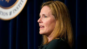 Supreme Court Justice Amy Coney Barrett speaks at the Ronald Reagan Presidential Library Foundation in Simi Valley, California, April 4, 2022. AP