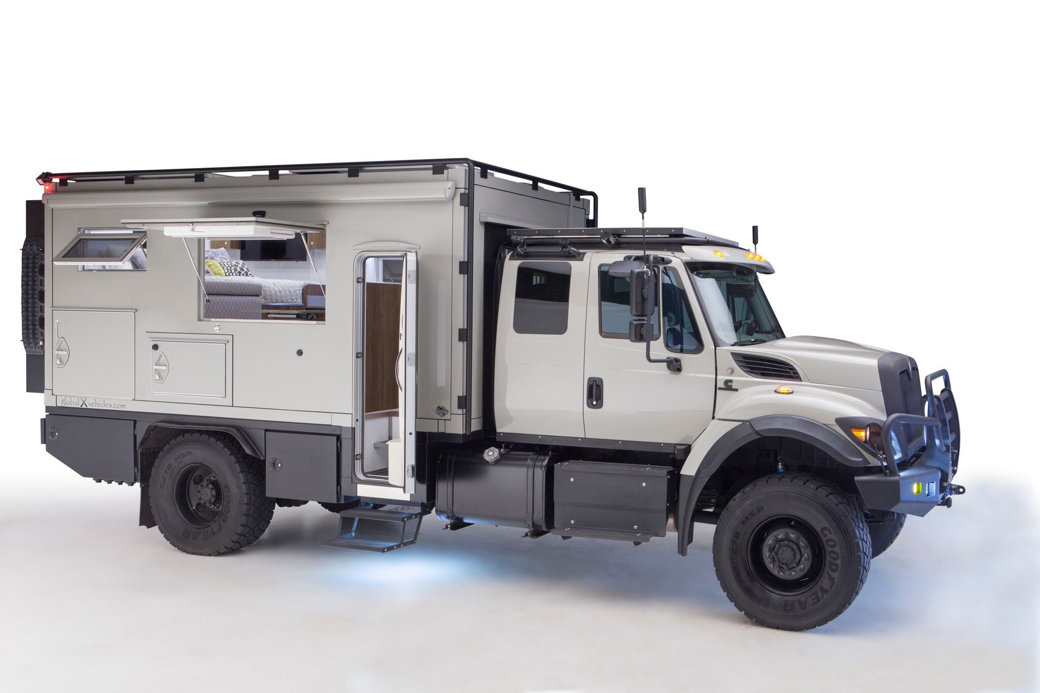 <p>GXV takes full-sized and medium-duty trucks and turns them into RVs that are designed to be expedition-worthy. This demo version, mated to an International 7300 extended-cab chassis, can hold 280 gallons of fuel — enough to go 2,500 miles on a tank, almost the entire length of the country. Not bad for a vehicle that, fully tricked out, weighs about 24,000 pounds. The cost? About <a href="https://www.globalxvehicles.com/safari-extreme.html">$650,000</a> at base. </p><p><b>Related:</b> <a href="https://blog.cheapism.com/rv-fuel-saving-tips/">Ways to Save Money on Gas for Your RV</a> </p>