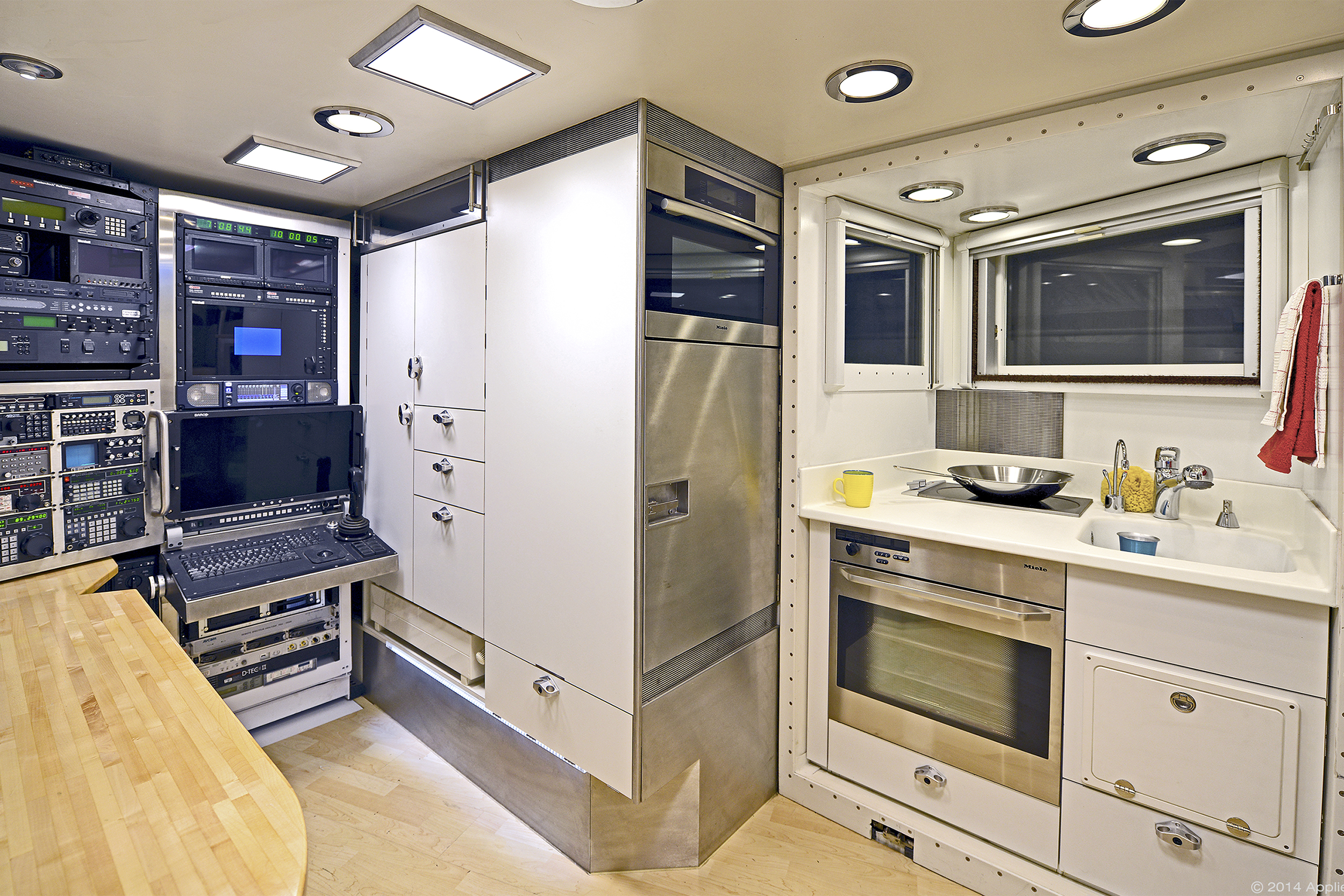 Designed to keep a crew of three on the road for three weeks, the KiraVan trailer contains a high-tech office with satellite connectivity, a professional video-editing suite, and a networked computer system. During downtime, travelers can clean up in the bathroom (which features a dramatic skylight roof), relax in one of the three sleeping areas, or take the included KiraBike motorcycle for a spin.