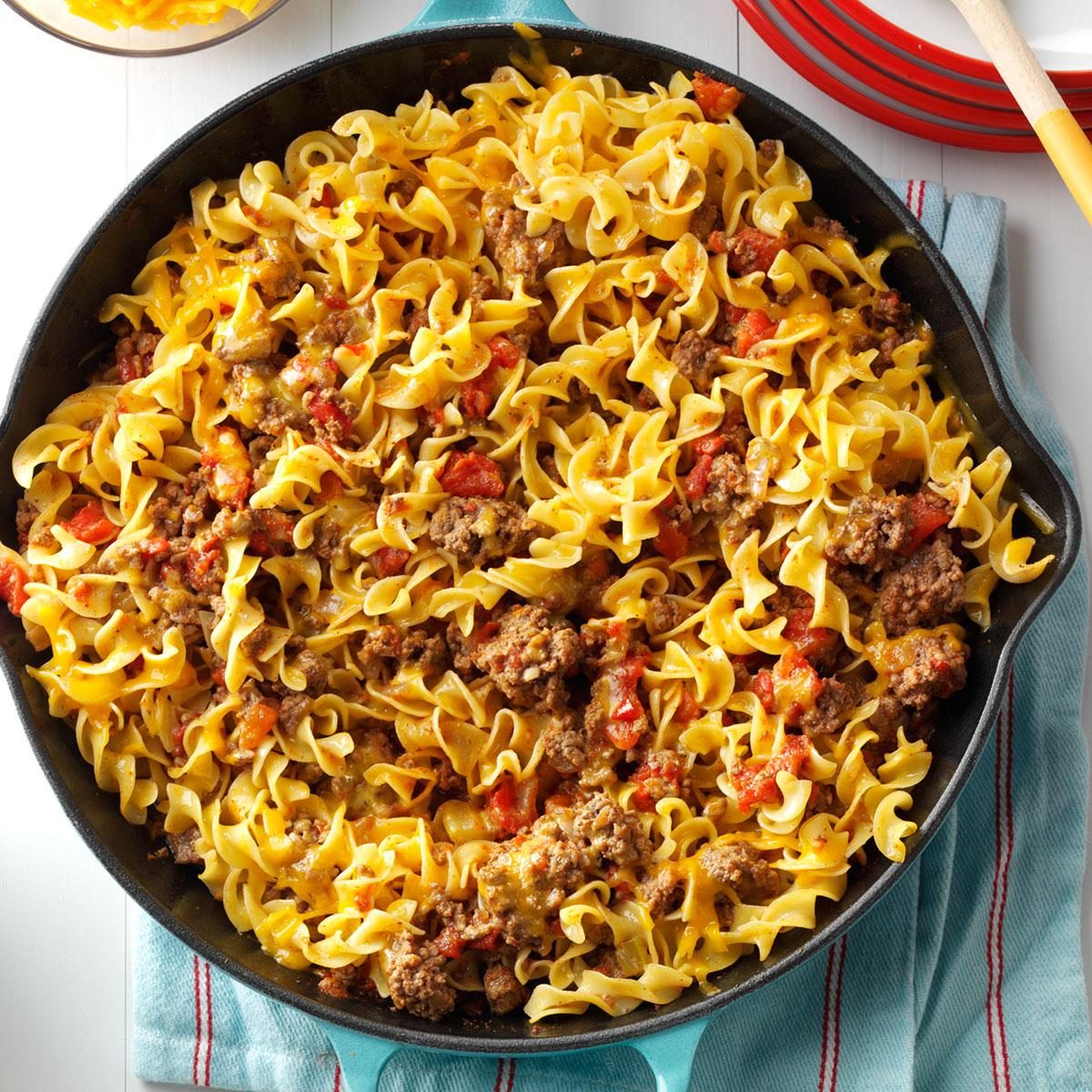 <p>A friend gave me this recipe. My husband likes the hearty blend of beef, onion and tomatoes. I like it because I can get it to the table so quickly. —Deborah Elliott, Ridge Spring, South Carolina</p> <div class="listicle-page__buttons"> <div class="listicle-page__cta-button"><a href='https://www.tasteofhome.com/recipes/chili-beef-noodle-skillet/'>Go to Recipe</a></div> </div>