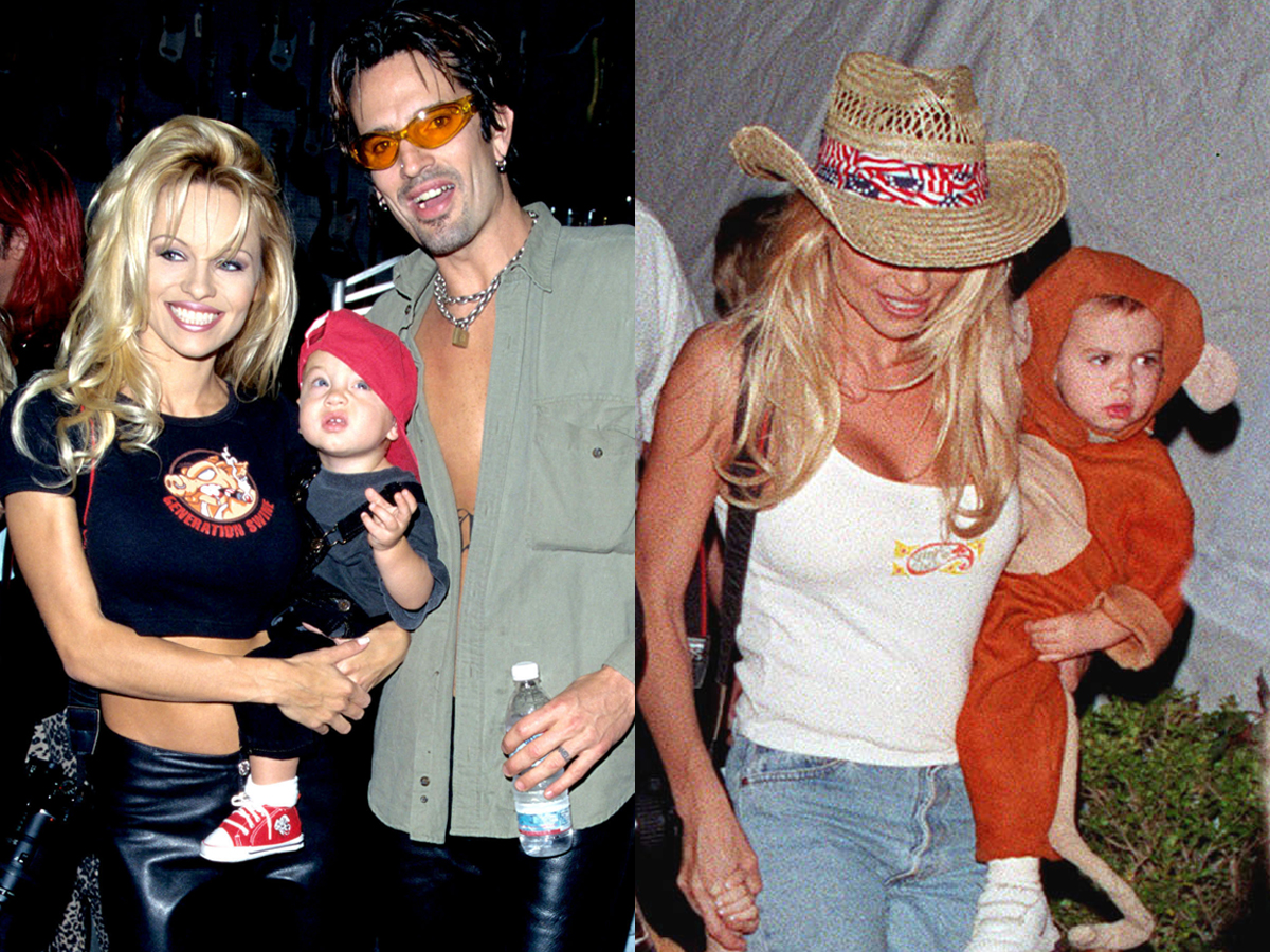 <p>Pamela Anderson and then-husband Tommy Lee posed with son Brandon Thomas Lee (who was just a few weeks shy of his first birthday) at Motley Crue's RockWalk handprint ceremony on May 20, 1997 (left). Pam is also seen carrying younger son Dylan Jagger Lee at the Sixth Annual Dream Halloween party in Santa Monica, California, on Oct. 30, 1999, when he was just shy of his second birthday. Keep reading to see Pam and Tommy's boys as adults...</p>
