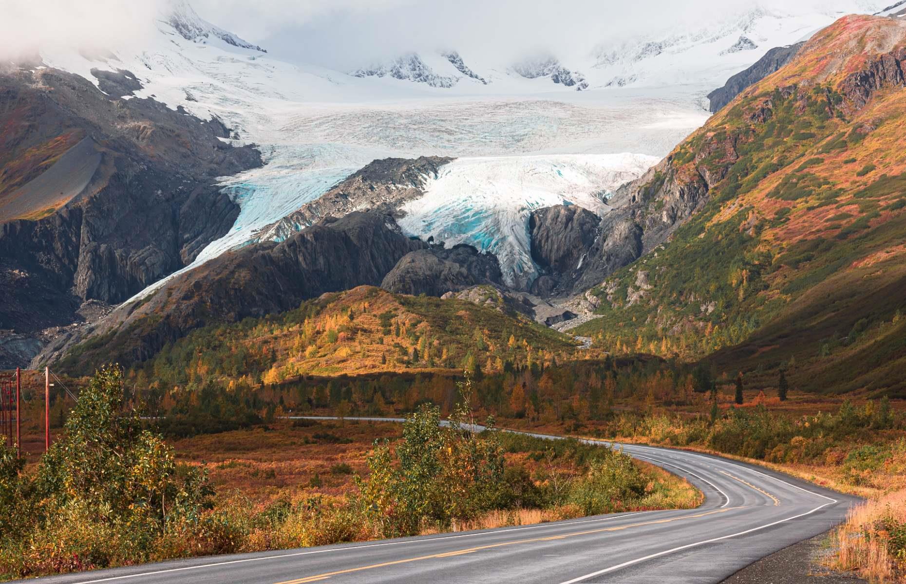 Next, you’ll reach Matanuska Glacier, where a stop to discover the stunning mass of ice is essential (but be sure to book a guided tour, as you cannot explore it alone). Stock up for gas at Glennallen, as it may be your last stop for a while. Then join the Glenn Highway, where more picture-perfect mountains, dramatic waterfalls and glaciers (such as Worthington, pictured) are in store before you reach your final destination of Valdez.
