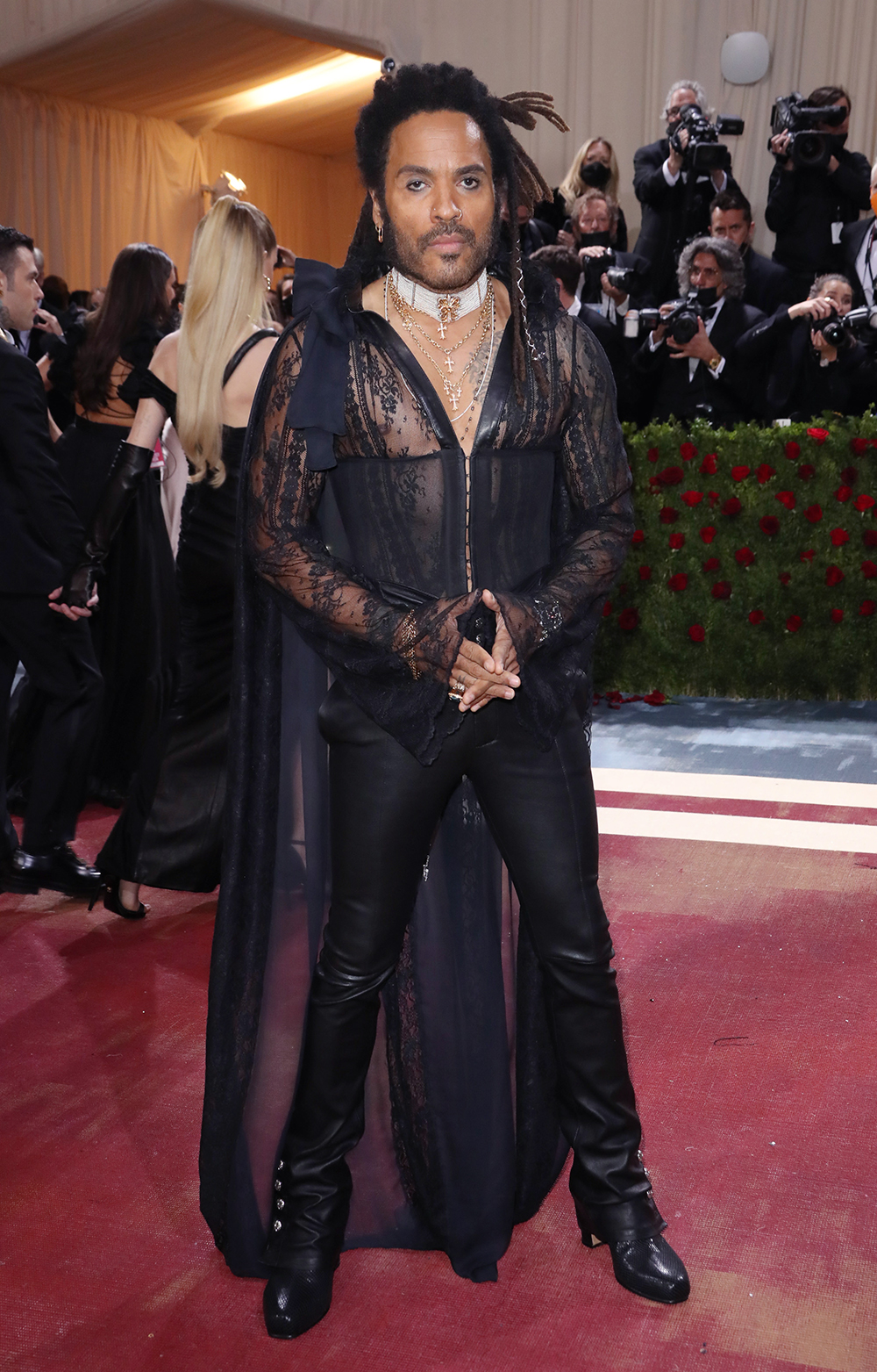 <p>Another red carpet win for Lenny! The rocker <a href="https://hollywoodlife.com/2022/05/02/lenny-kravitz-met-gala-2022/">was pure drama</a> in a lace top with corset-inspired details, leather pants, and a sheer cape during the <a href="https://hollywoodlife.com/pics/met-gala-red-carpet-2022-photos/">2022 Met Gala</a>. The event celebrated the opening of ‘In America: An Anthology of Fashion’ and happened on May 2, 2022.</p>