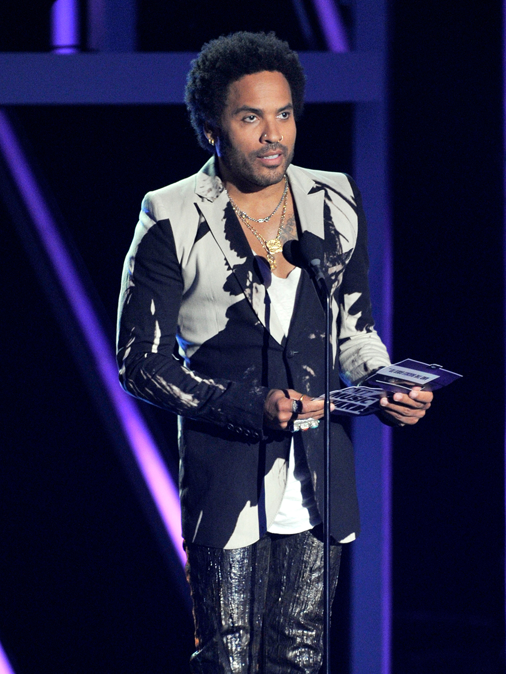 <p>Lenny Kravitz presents the award for female video of the year at the 2013 CMT Music Awards at Bridgestone Arena, in Nashville, Tenn. He wore a black and white jacket with shiny pants.</p>