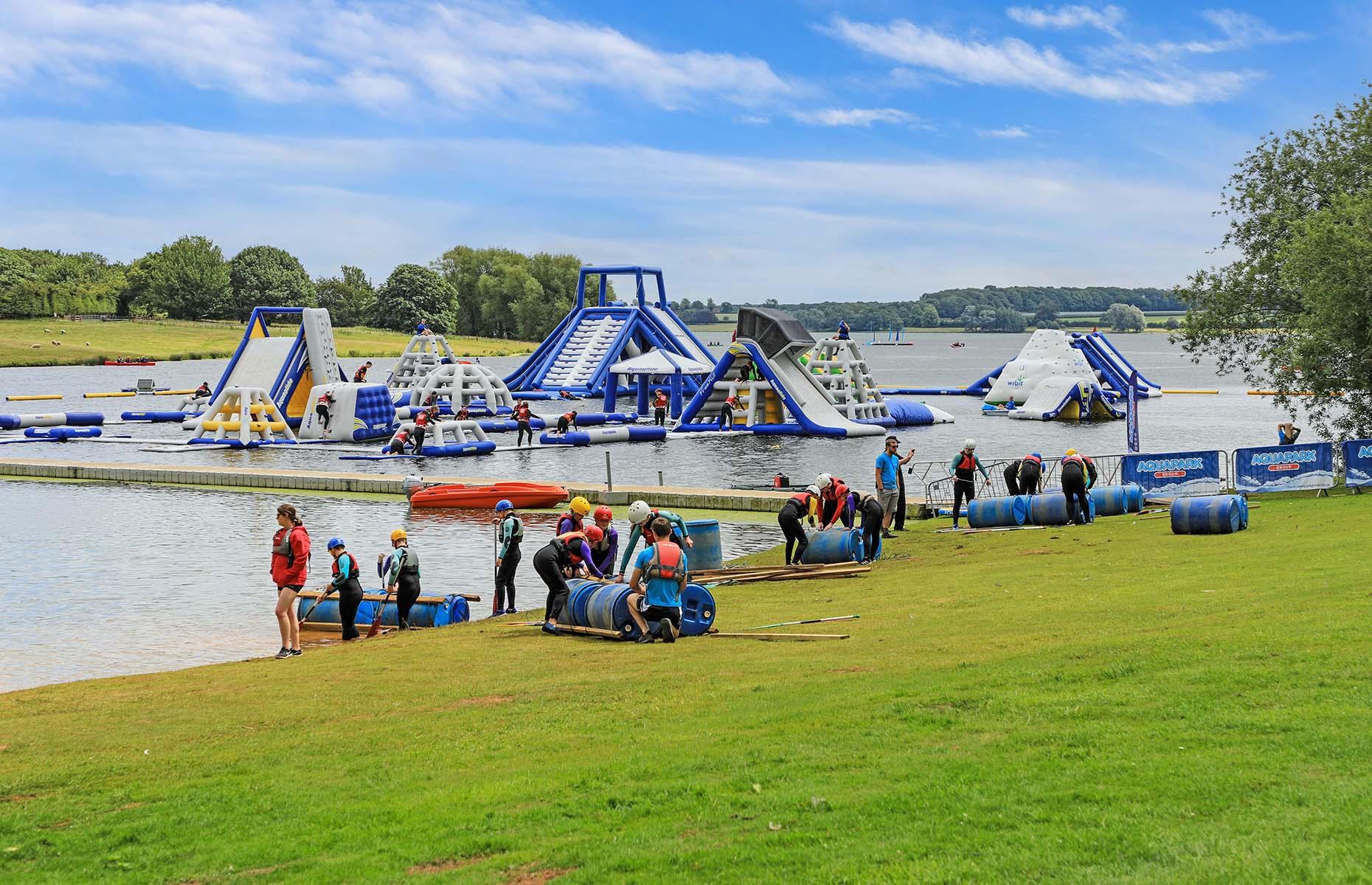 <p>Slightly different to your average water park, this attraction in Rutland lays claim to being <a href="https://aquaparkgroup.co.uk/rutland/">the UK's largest inflatable water park</a>. And it all looks like serious fun. Set on the north shore of Rutland Water Park, the 330-foot (92m) by 260-foot (80m) inflatable course includes climbing walls, trampolines, balance bars, rockers, rollers, blast bags, and slides. Do you dare take on the challenge? </p>