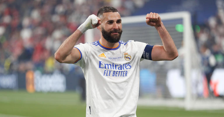Karim Benzema celebrates after Real Madrid win the Champions League final. Stade de France, 28th May, 2022.