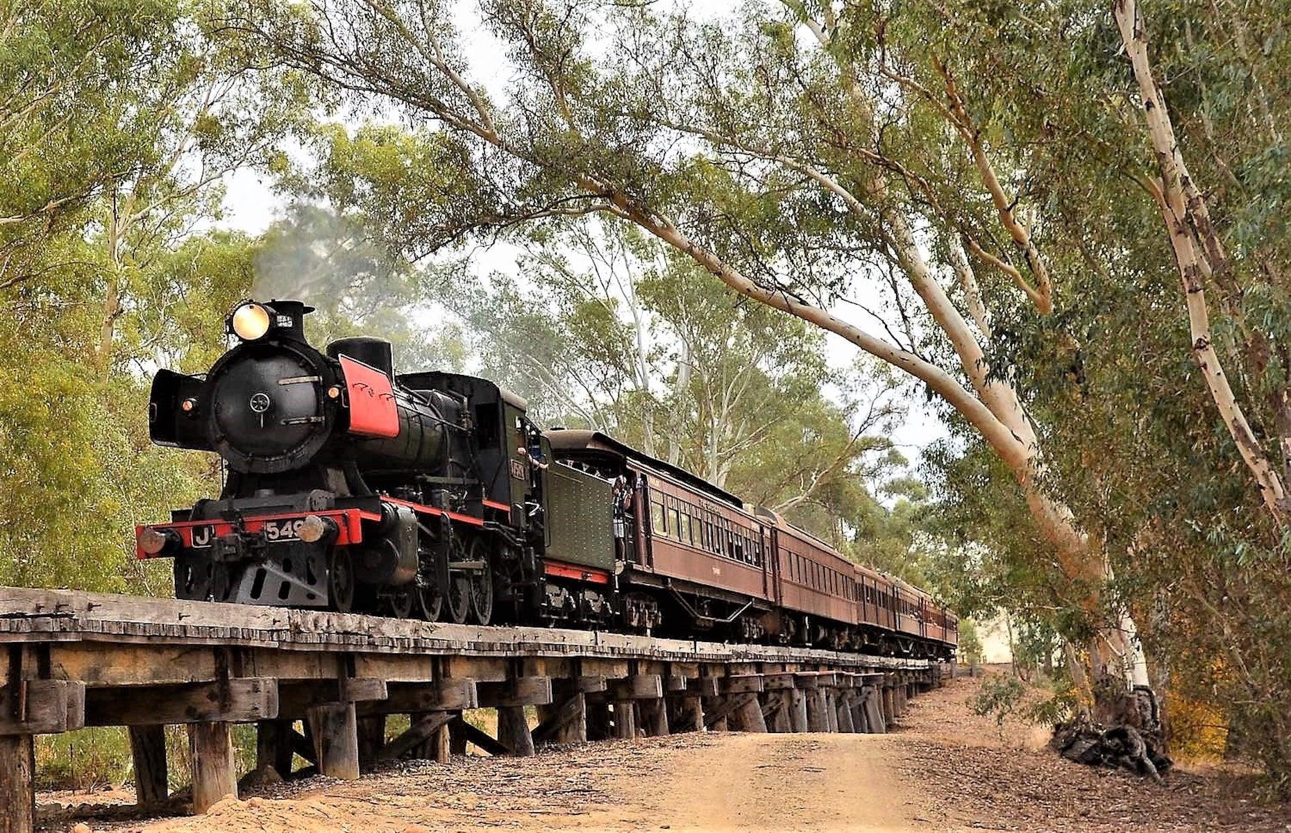 <p>Journey back into the gold rush era aboard <a href="http://www.vgr.com.au/homepage.php">Victoria Goldfields Railway's</a> steam heritage train that chugs between the historic towns of Castlemaine and Maldon in central Victoria. Opt for the excursion class or go for first class to ride in style in spacious Edwardian-era compartments that grant access to an open observation deck at the front.</p>