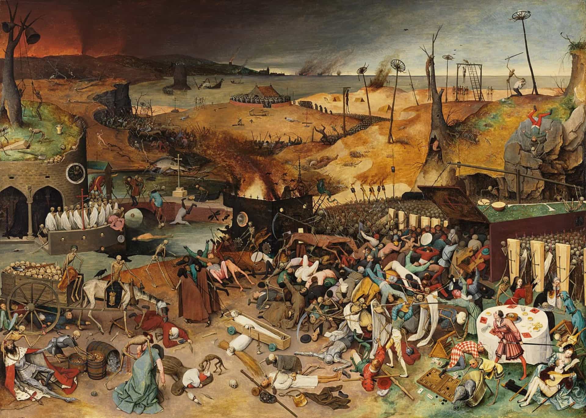 <p>In de nasleep van de pandemie hebben Europa en de rest van de wereld een aanzienlijke sociale omwenteling doorgemaakt. De bevolking van West-Europa bereikte pas in het begin van de 16e eeuw weer het niveau van vóór 1348. Ironisch genoeg voor sommigen kan het effect van de pest uiteindelijk gunstig zijn geweest. Een gedecimeerd personeelsbestand betekende dat er veel vraag was naar arbeid. Als zodanig stegen de lonen als reactie op het tekort. Afbeelding: Pieter Brueghel, De triomf van de dood, Museo del Prado</p>