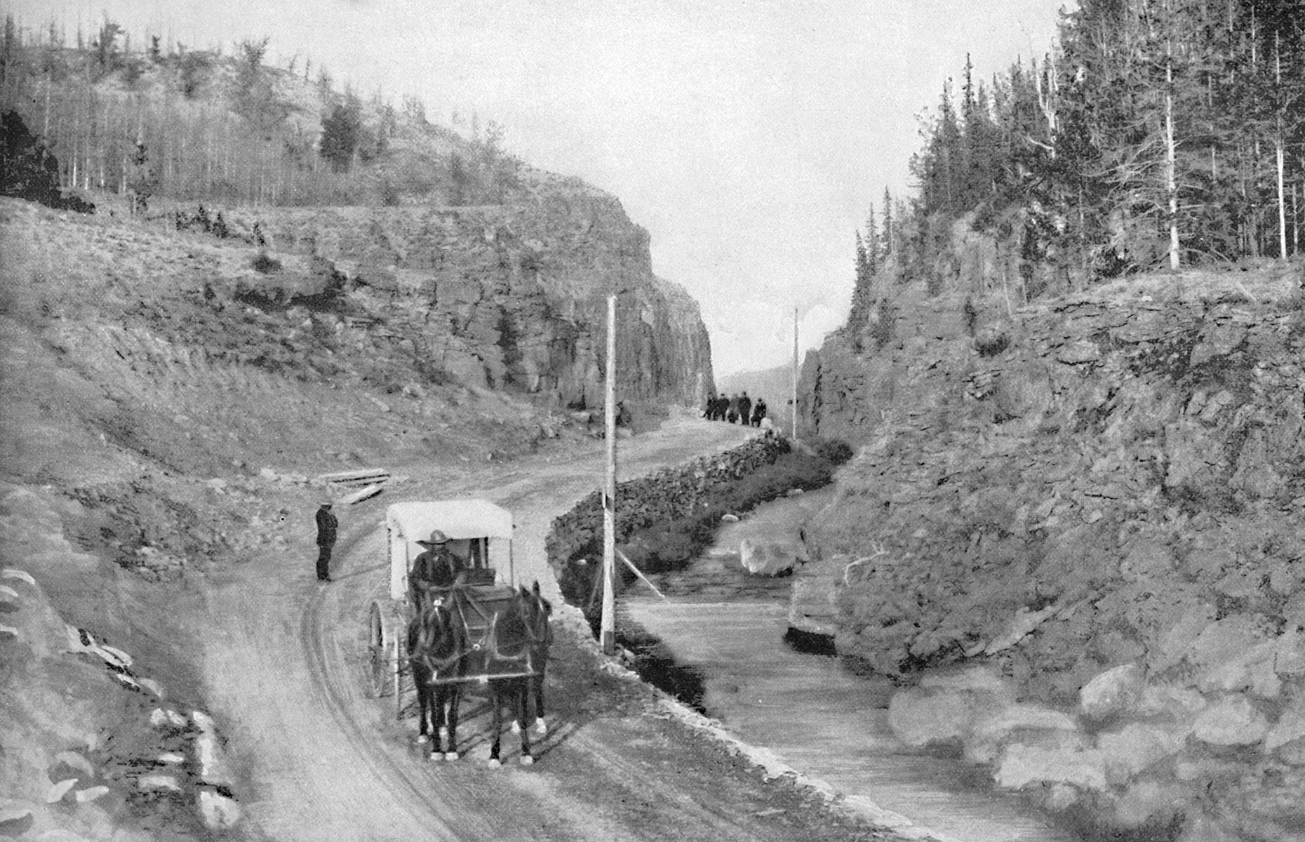 In Yellowstone's early decades, it was administered and safeguarded by the US army, who kept this role until 1918. The entrance to the park is photographed here in 1897.