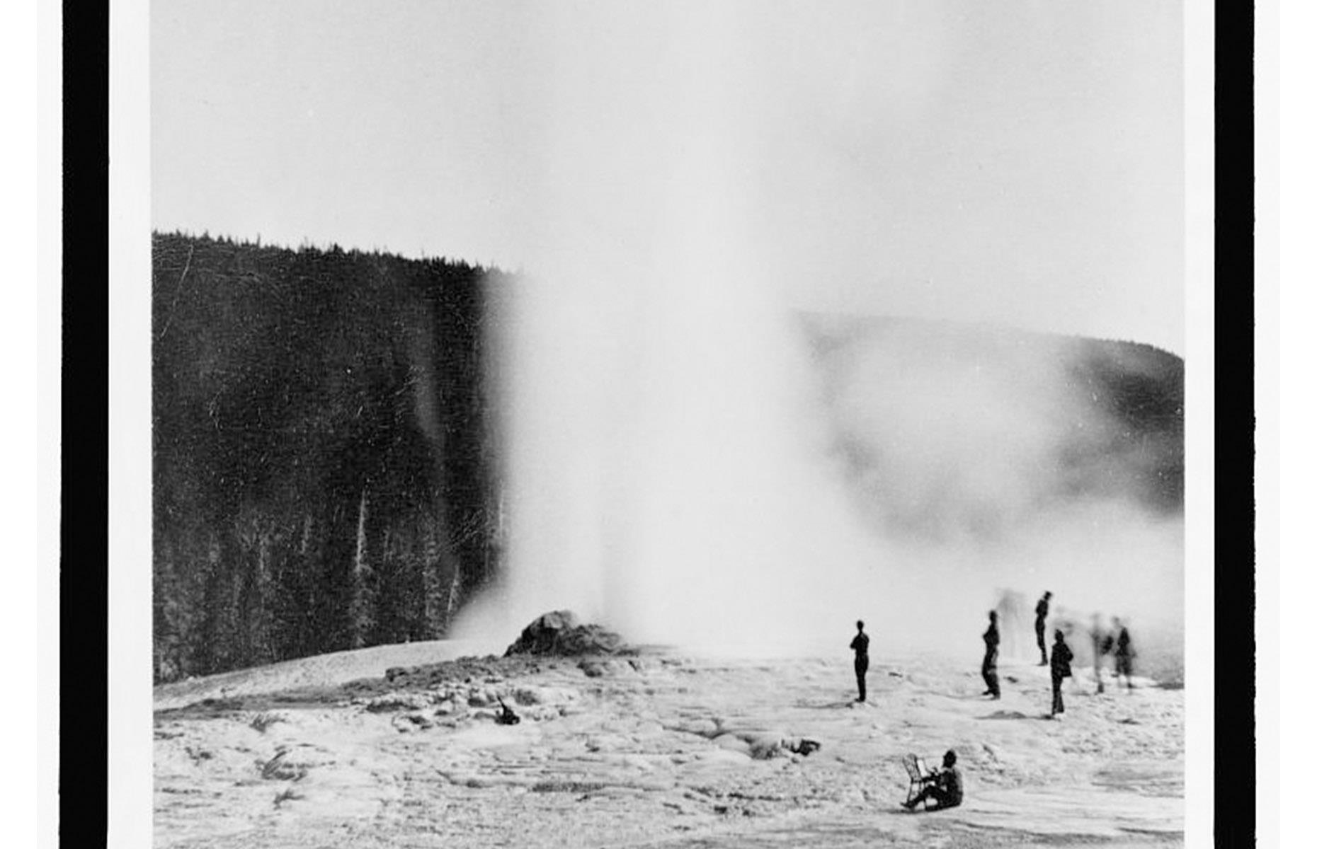 The Yellowstone National Park Protection Act prohibited development in the designated area, safeguarding the site "as a public park or pleasuring-ground for the benefit and enjoyment of the people". This photo dating to 1883 shows park visitors gazing up in awe as the Old Faithful geyser puts on a show.