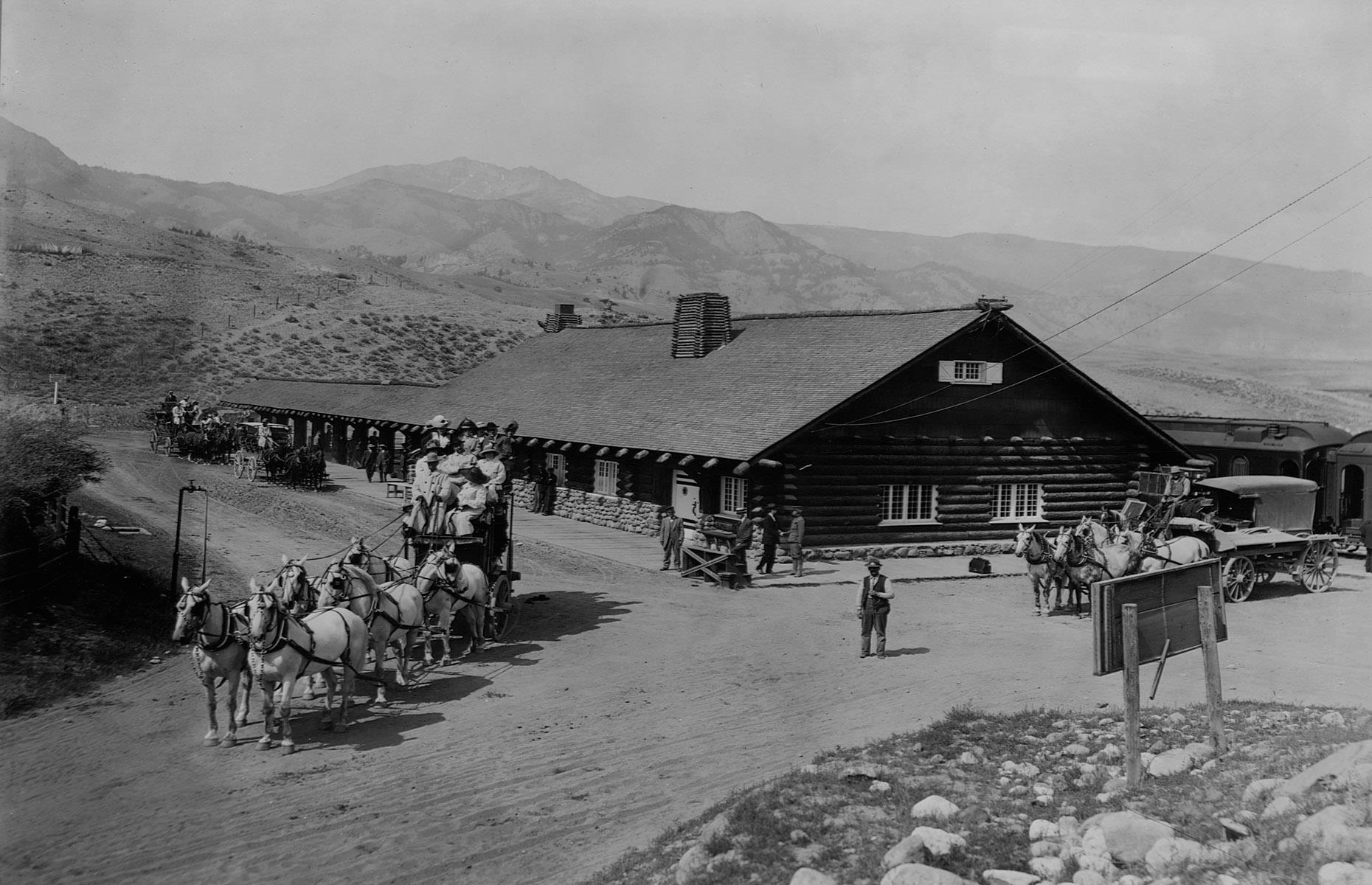 Since vehicles were prohibited in Yellowstone (and during this time, still the domain of society's wealthiest), most travelers would arrive by rail, ready to be picked up for their stagecoach tour. This is Gardner Station, which was served by the Northern Pacific Railway, and acted as a gateway to the park.