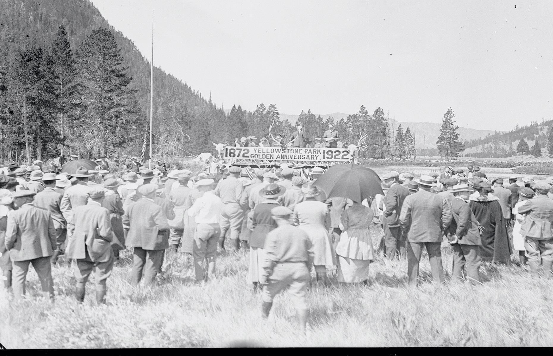 In 1922, Yellowstone National Park celebrated its 50th birthday. Officials and nature-lovers gathered in the park, at the site where the early Washburn Expedition set up camp, near the junction of the Firehole and Gibbon Rivers. Superintendent Horace M. Albright led the festivities.