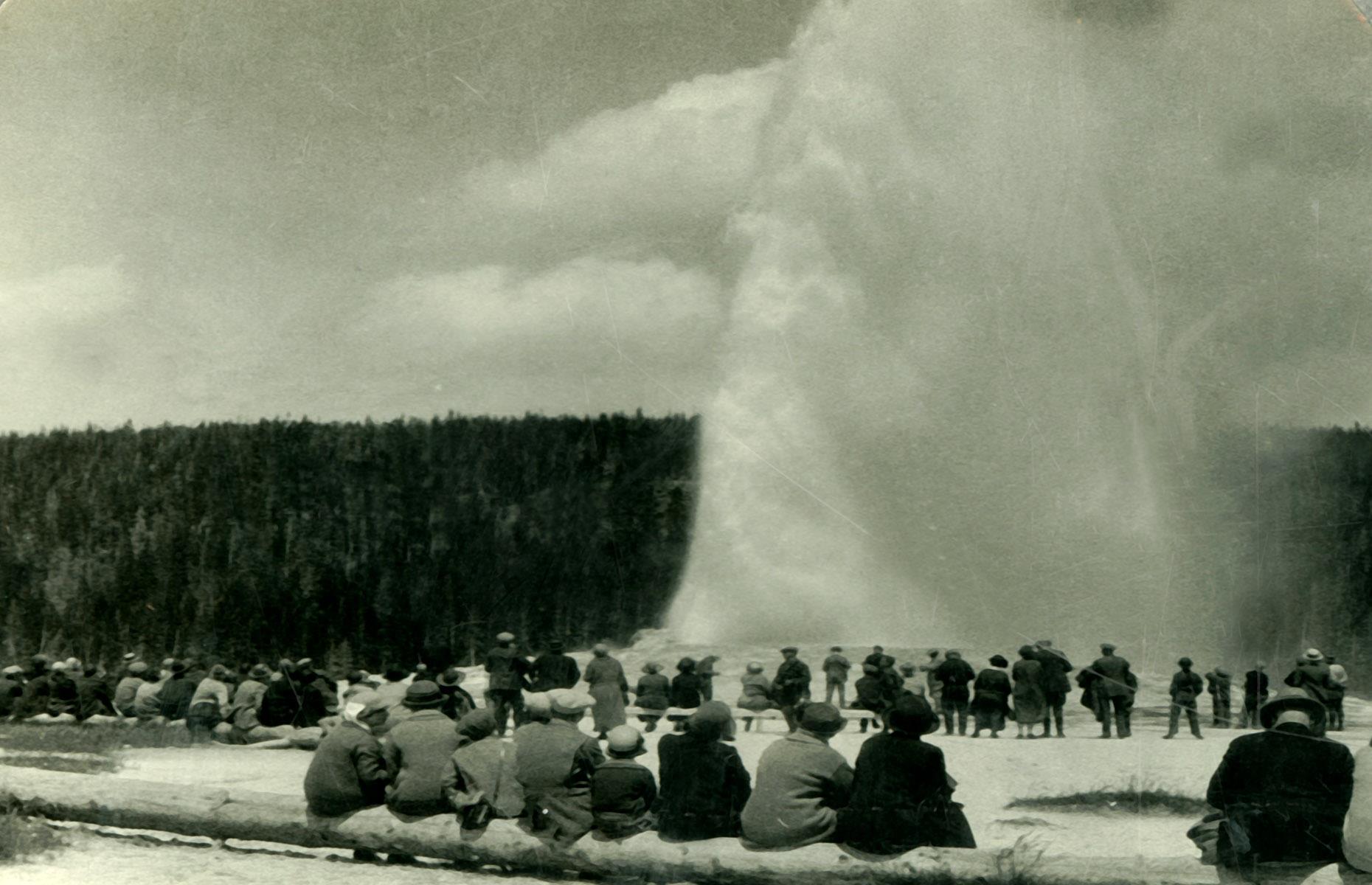 Back in the 1930s, safety protocols were significantly more lax than they are today. Nowadays, wooden boardwalks typically mark safe routes around Yellowstone's sizzling geothermal sites. But in this photo from 1930, you can see tourists standing moments from Old Faithful as it dramatically erupts. More cautious spectators sit on a fallen tree trunk behind them.