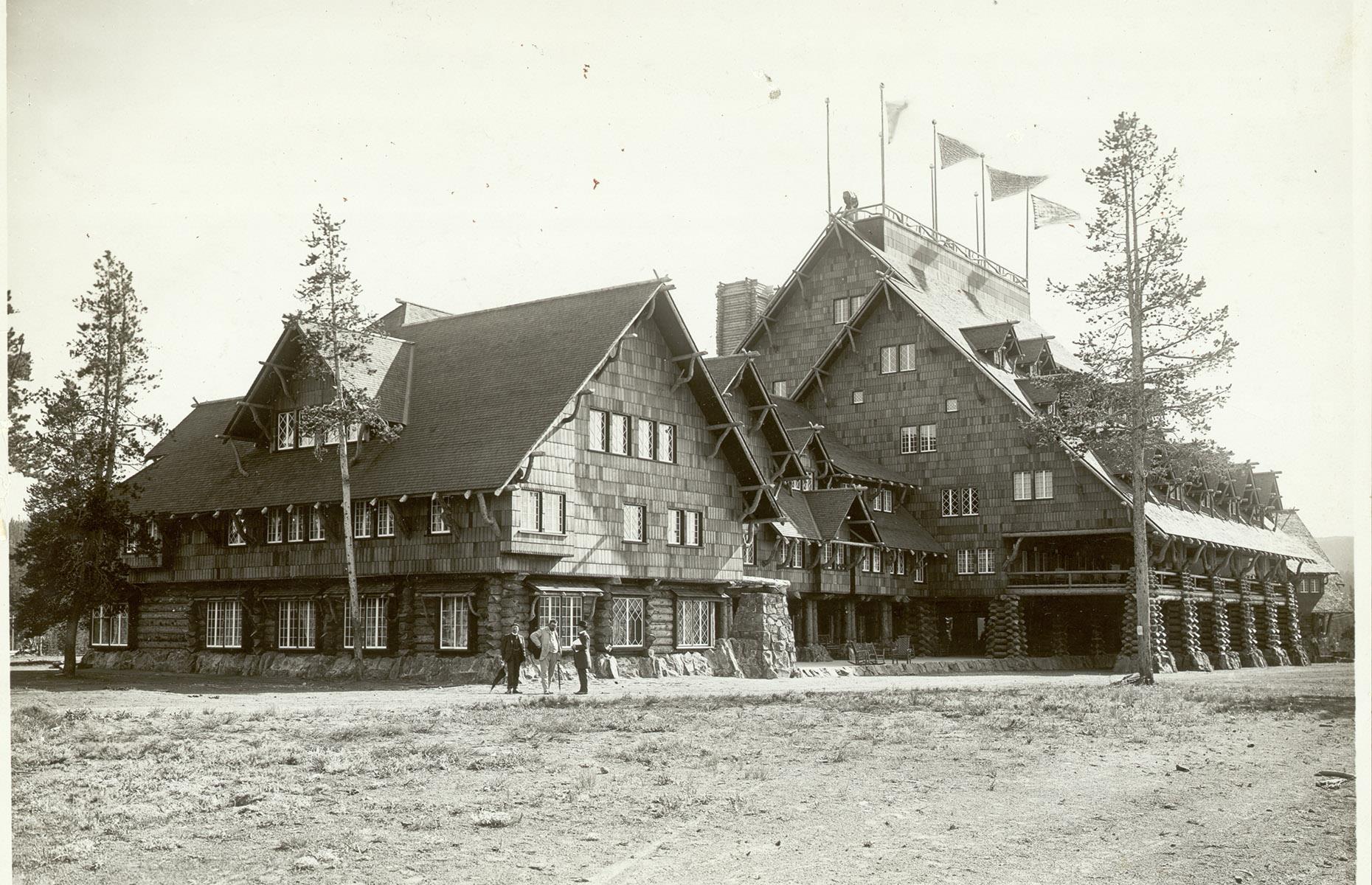 <p>Though visitor numbers were fairly low in the park's early days, those adventurous travelers needed somewhere to stay. Old Faithful Inn was designed by architect Robert C. Reamer and built between 1903 and 1904. Snapped here circa 1904, it's still renowned for its inviting lobby with a mammoth stone fireplace. </p>  <p><a href="http://bit.ly/3roL4wv"><strong>Love this? Follow our Facebook page for more travel inspiration</strong></a></p>