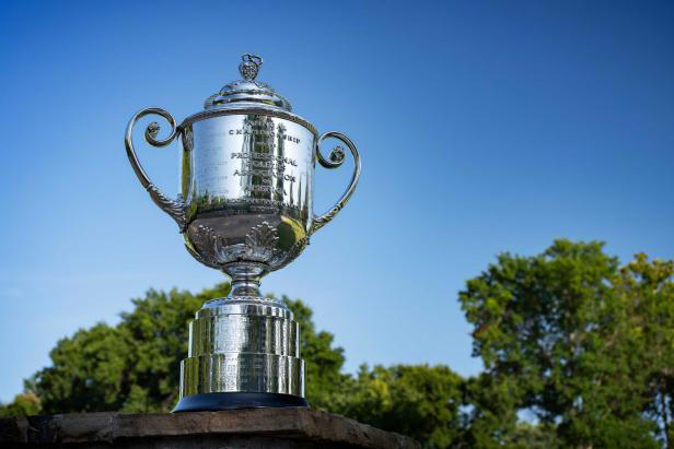 TULSA, OKLAHOMA - AUGUST 10: A view of the Wanamaker trophy at Southern Hills Country Club on August 10, 2021 in Tulsa, Oklahoma. (Photo by Gary Kellner/PGA of America via Getty Images)