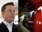 Tesla CEO Elon Musk alongside the electric automaker's logo. Getty Images/AP