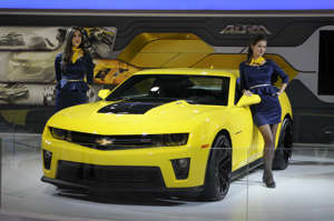 GREATER NOIDA, INDIA - FEBRUARY 5: Camaro car on display at Chevrolet stall during the 12th Auto Expo 2014 at India Expo Mart on February 5, 2014 in Greater Noida, India. (Photo by Burhaan Kinu/Hindustan Times via Getty Images)