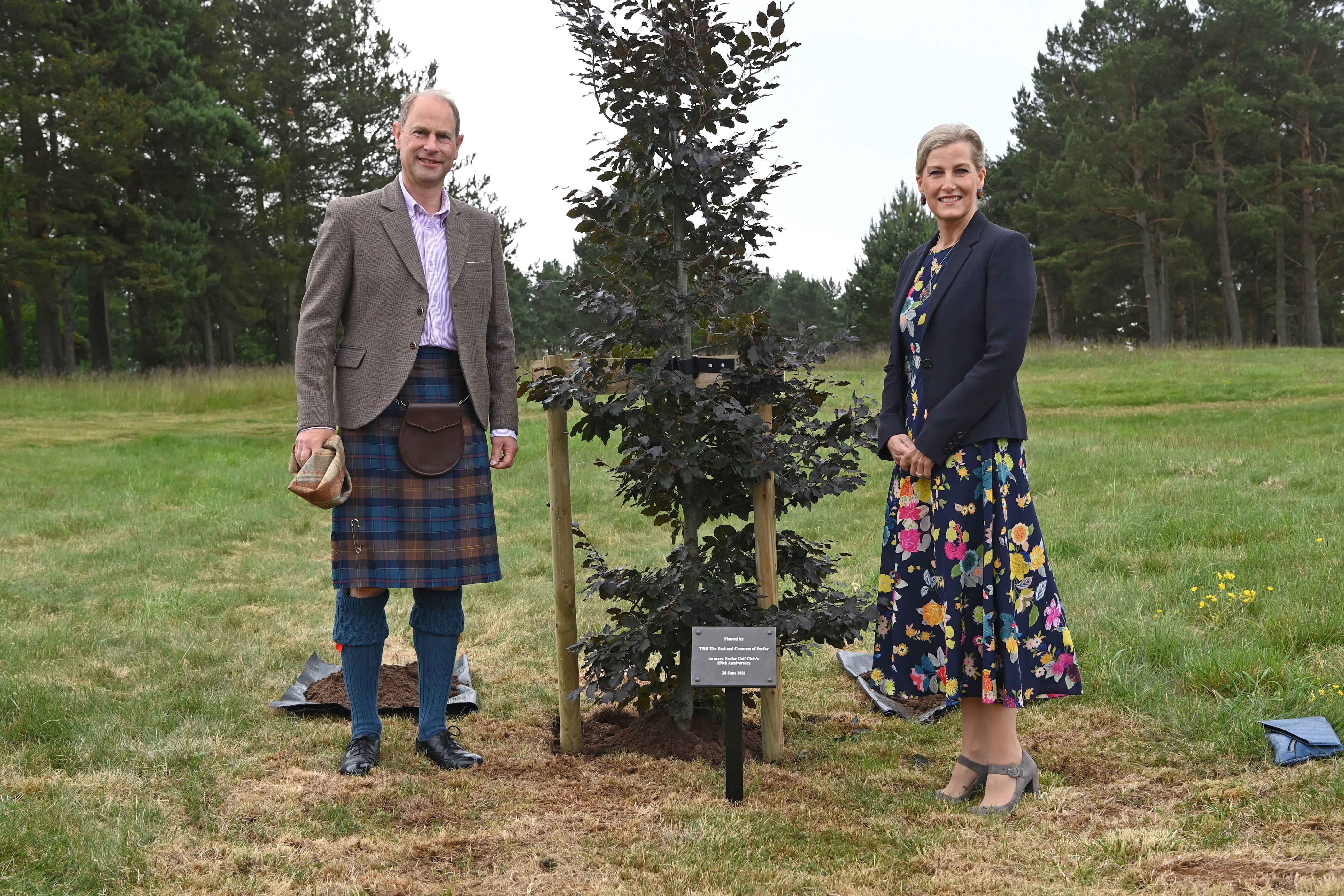 <p>Prince Edward and Sophie, Countess of Wessex visited Scotland's Forfar Golf Club on June 28, 2021, where they planted a tree and unveiled a plaque to mark the 150th Anniversary of the golf club and the first 18-hole golf club in the world.</p>