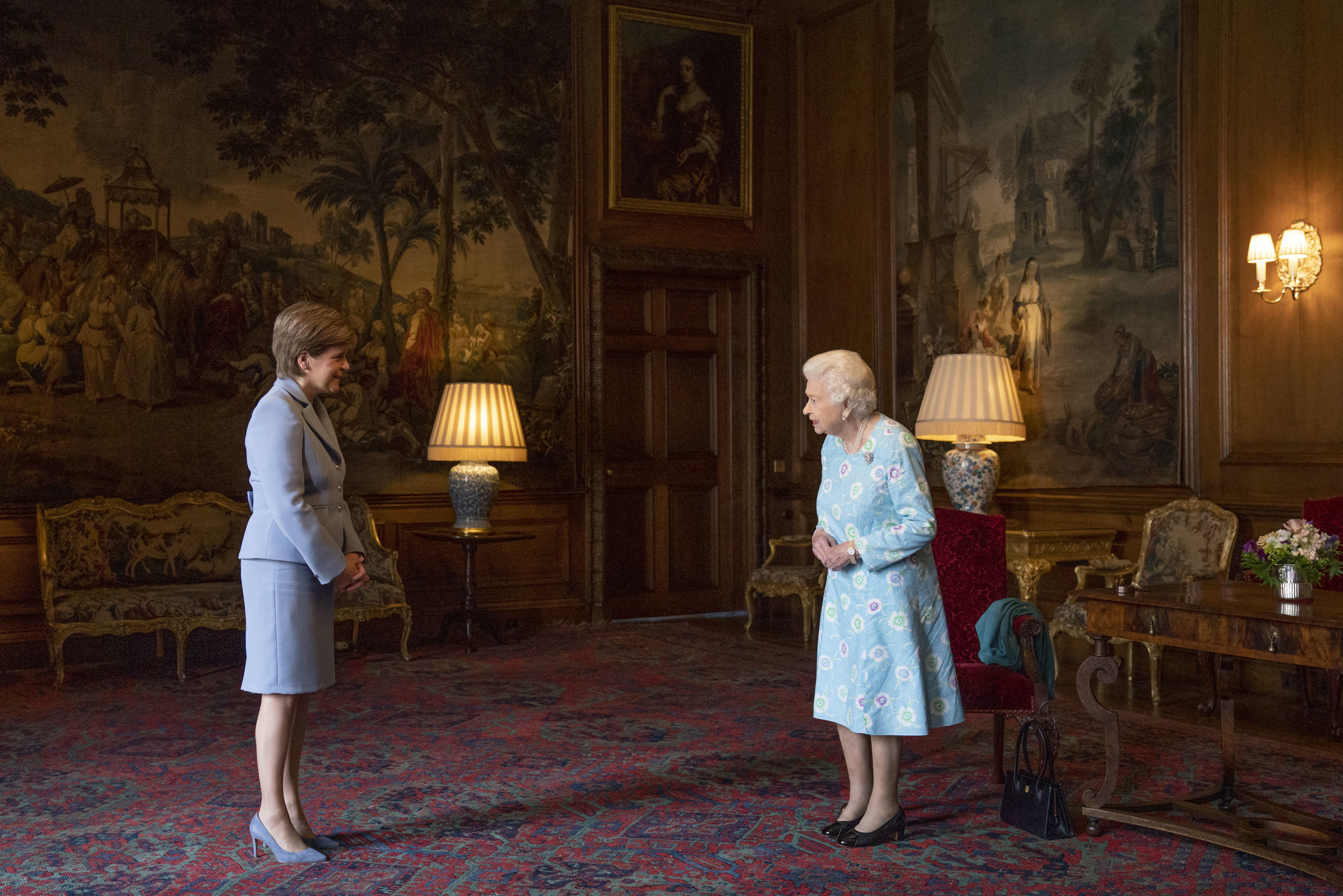 <p>Queen Elizabeth II received First Minister of Scotland Nicola Sturgeon during an audience at the Palace of Holyroodhouse in Edinburgh on June 29, 2021. </p>