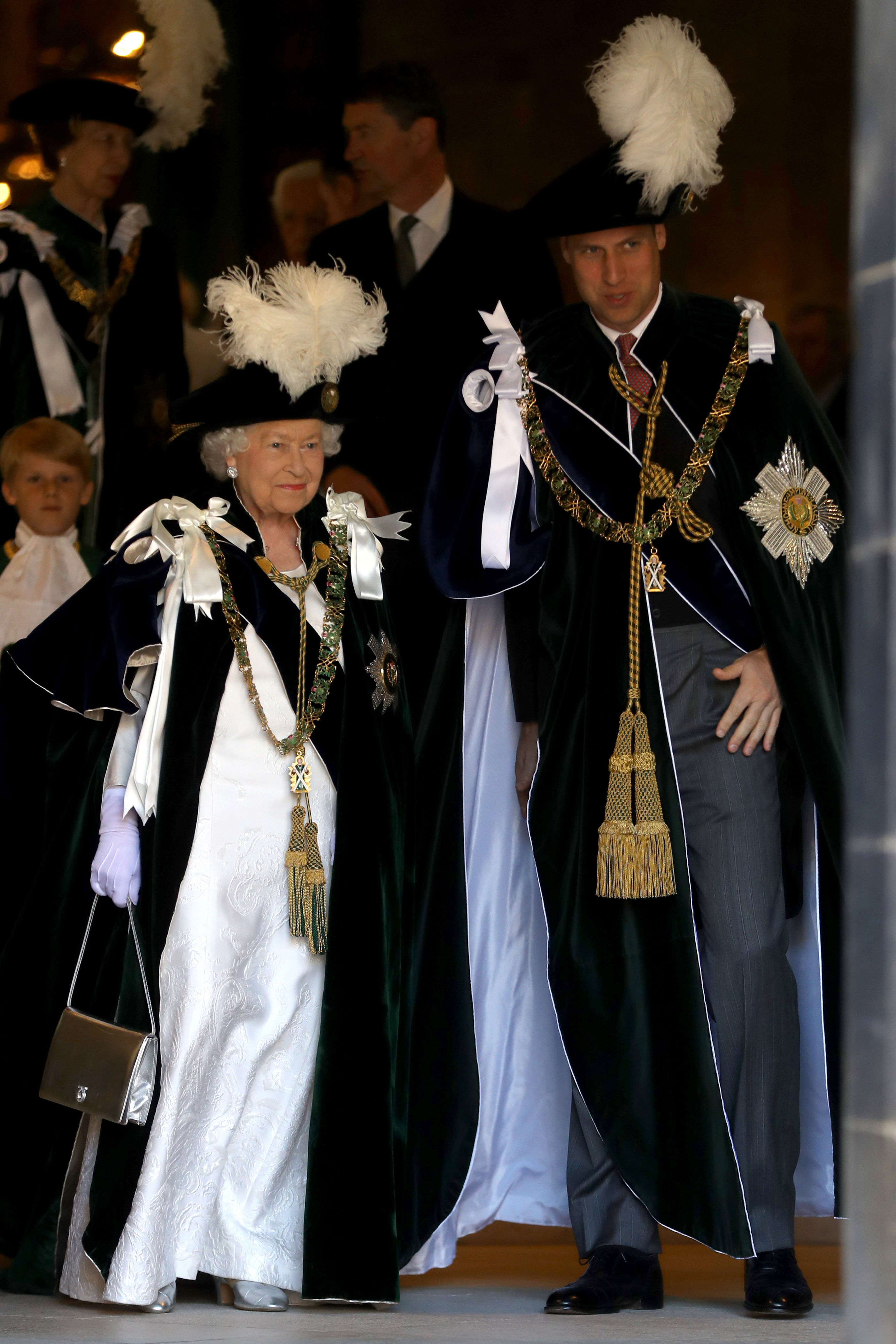<p>Queen Elizabeth II and <a href="https://www.wonderwall.com/celebrity/profiles/overview/prince-william-482.article">Prince William</a> are seen leaving a service for the Order of the Thistle -- and ancient order of chivalry founded by King James VII of Scotland in 1687 -- at St. Giles Cathedral in Edinburgh, Scotland, on July 6, 2018.</p>