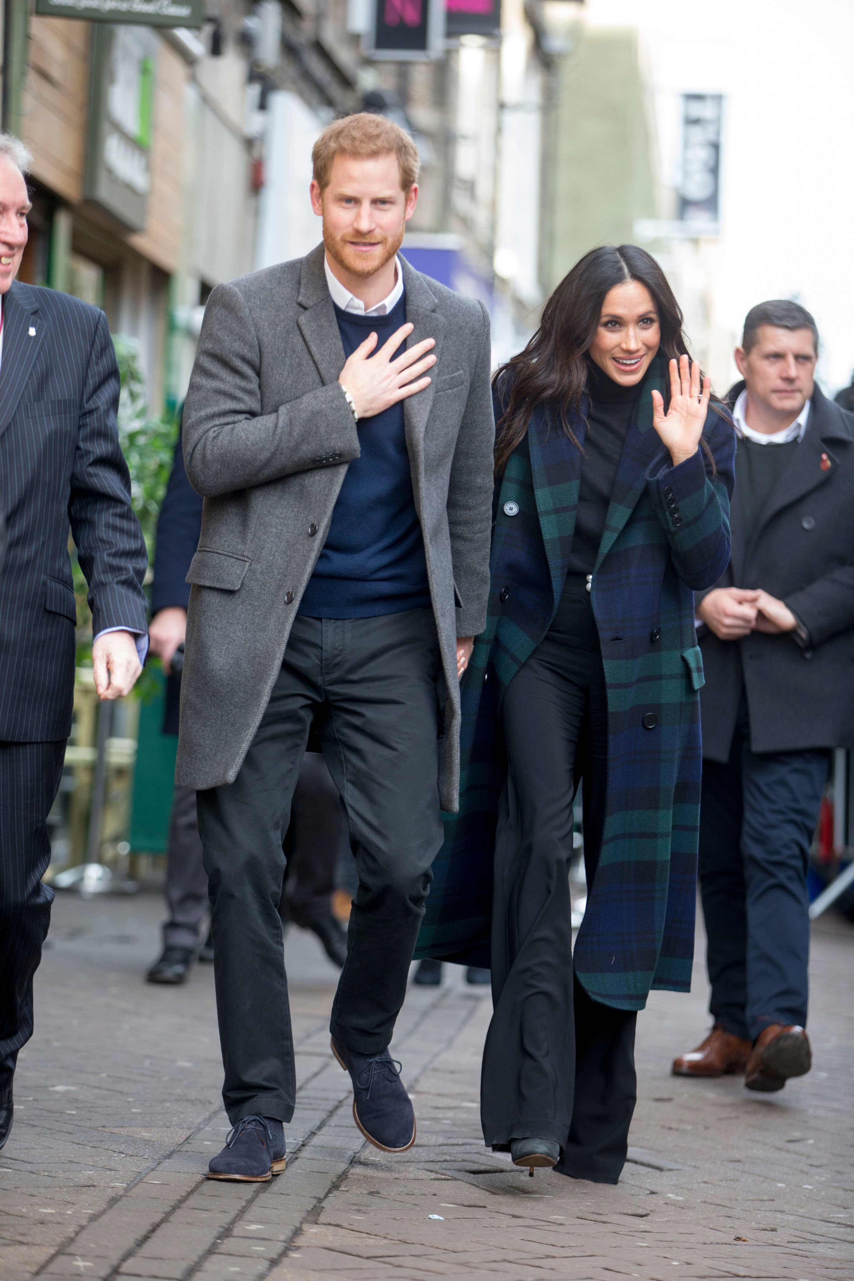 <p><a href="https://www.wonderwall.com/celebrity/profiles/overview/prince-harry-481.article">Prince Harry</a> brought then-fiancée Meghan Markle -- who donned a Burberry's Black Watch tartan coat for the occasion -- to visit the Social Bite charity shop in Edinburgh, Scotland, where they met with organizers and staff and heard about their work with the homeless, on Feb. 13, 2018. In Scotland, the couple are known as the Earl and Countess of Dumbarton.</p>