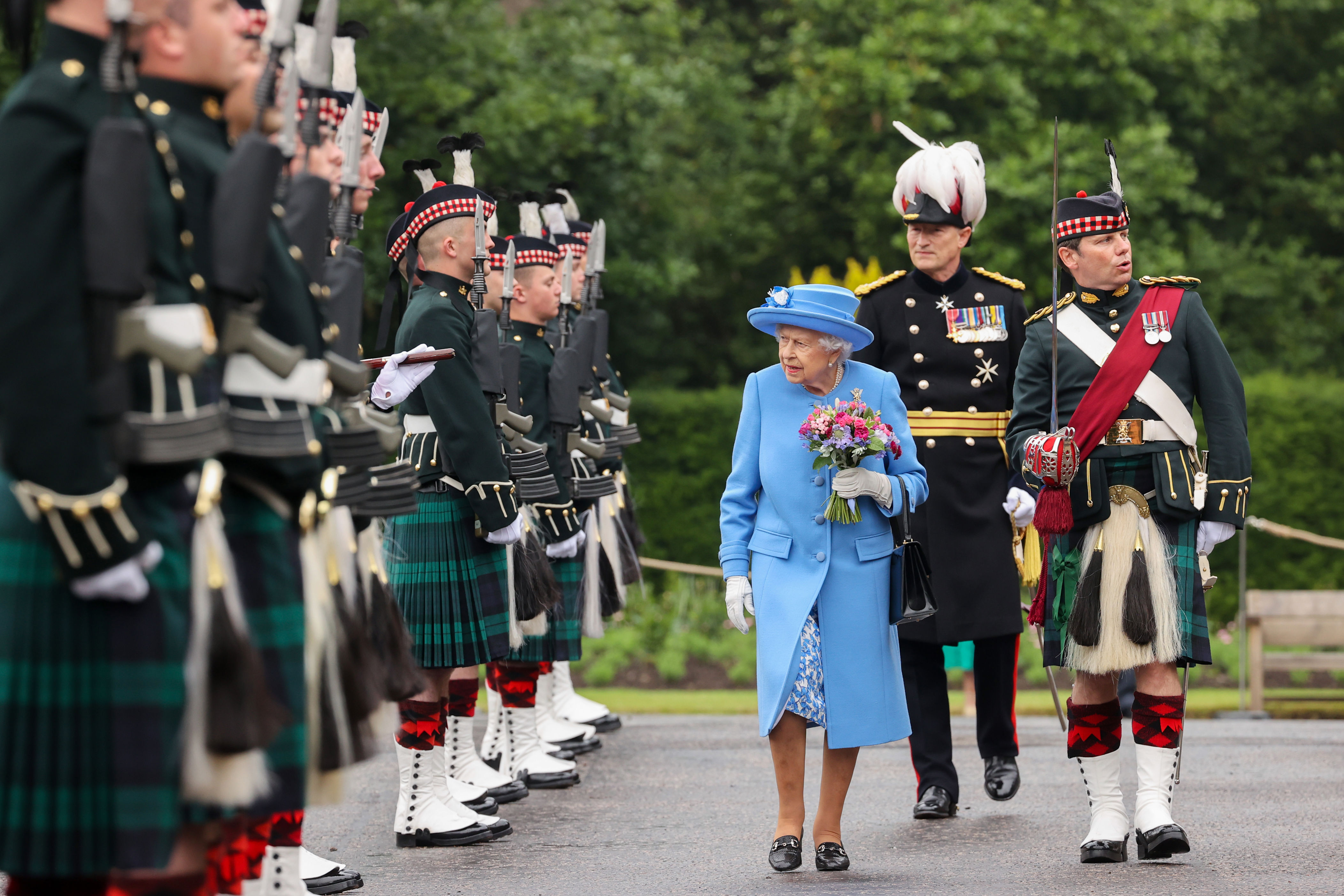 <p>Queen Elizabeth II and the governor of Edinburgh Castle, Major General Alastair Bruce of Crionaich, visited Scotland's Palace of Holyrood house ahead of the ancient "Ceremony of the Keys," during which the keys of the city of Edinburgh are given to the sovereign, on June 28, 2021, during the monarch's Royal Week visit to Scotland.</p>
