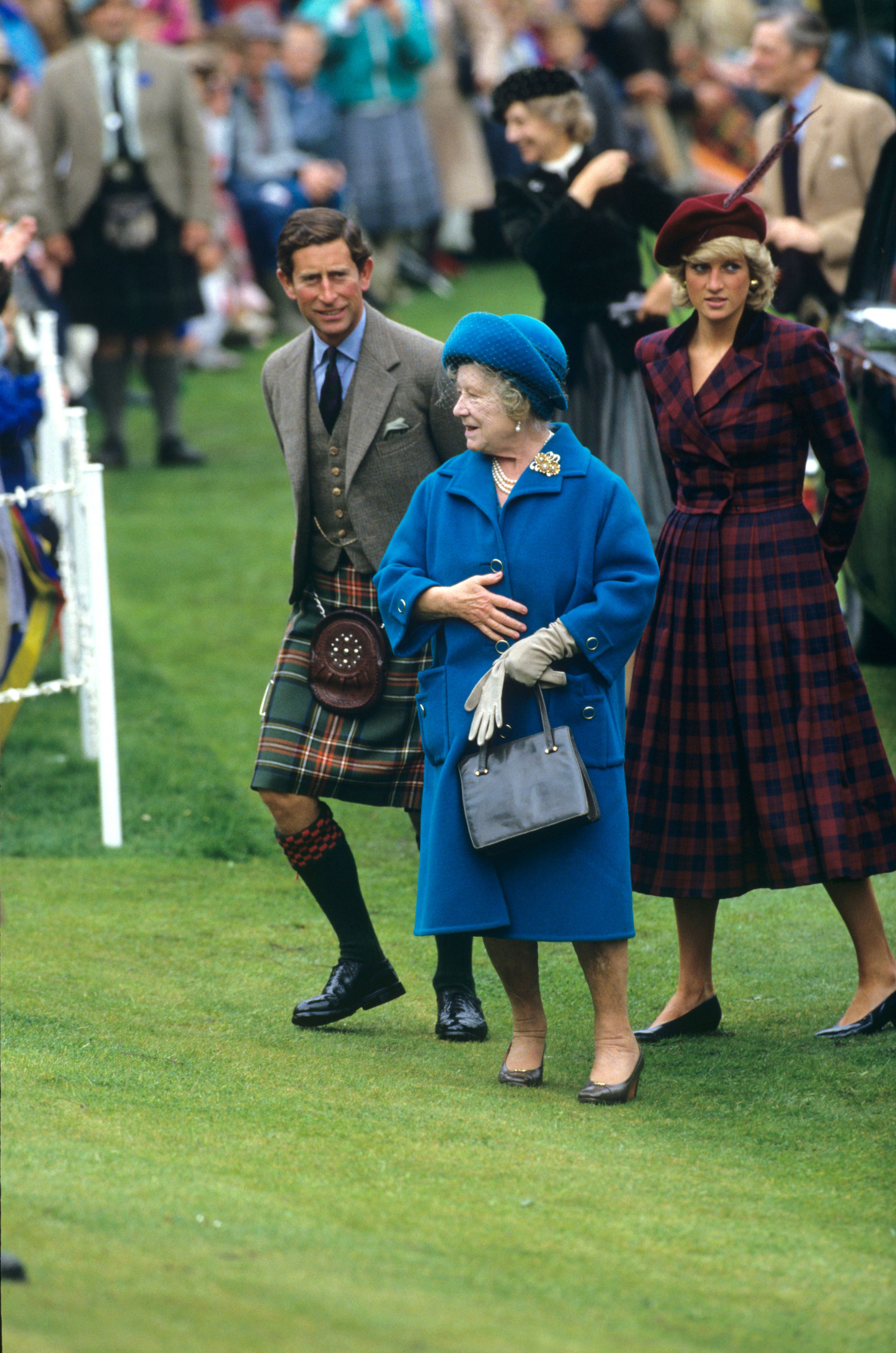 <p>A kilted Prince Charles accompanied his grandmother, Queen Elizabeth the Queen Mother, and plaid-clad wife Princess Diana to watch the Braemar Highland Games in Scotland in September 1987.</p>