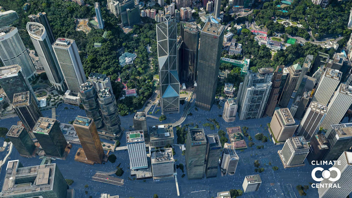 Slide 4 de 46: Inundados ficariam os arredores da Torre do Banco da China (Bank of China Tower), um dos arranha-céus mais altos de Hong Kong. Foto: Clima Central