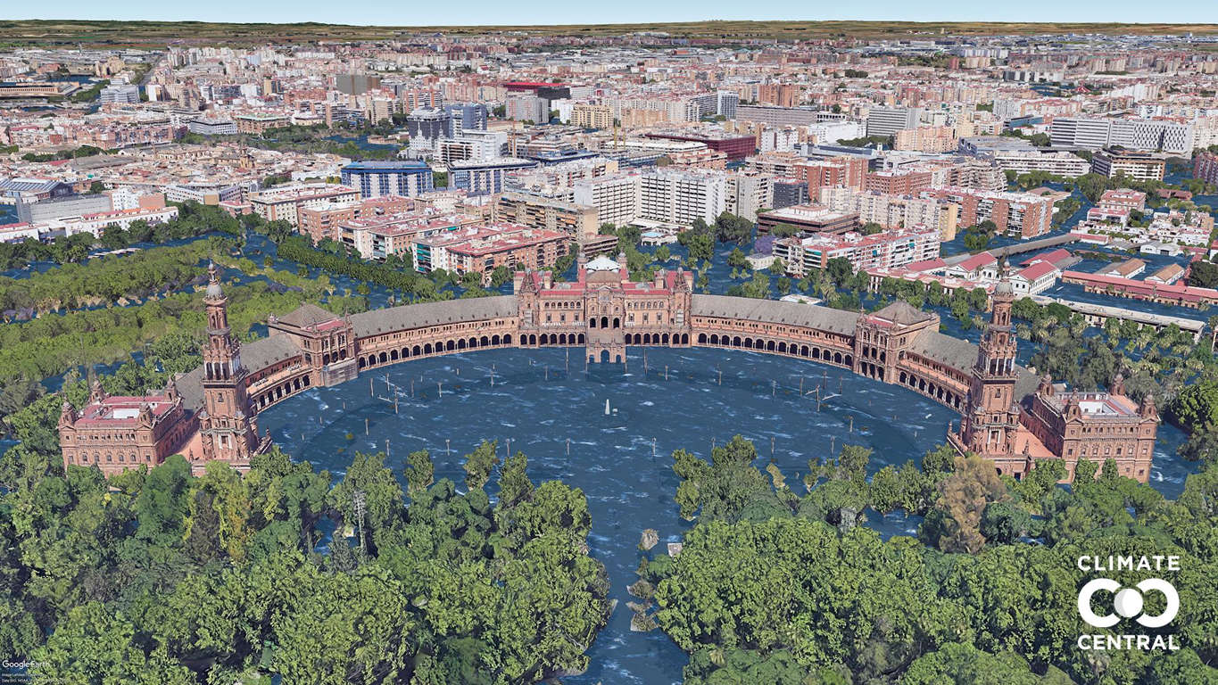 Slide 14 de 46: A Plaza de España, em Sevilha, é espetacular e serviu, inclusive como cenário para filmes. Em 2050 sua beleza ficaria debaixo d'água. Foto: Clima Central