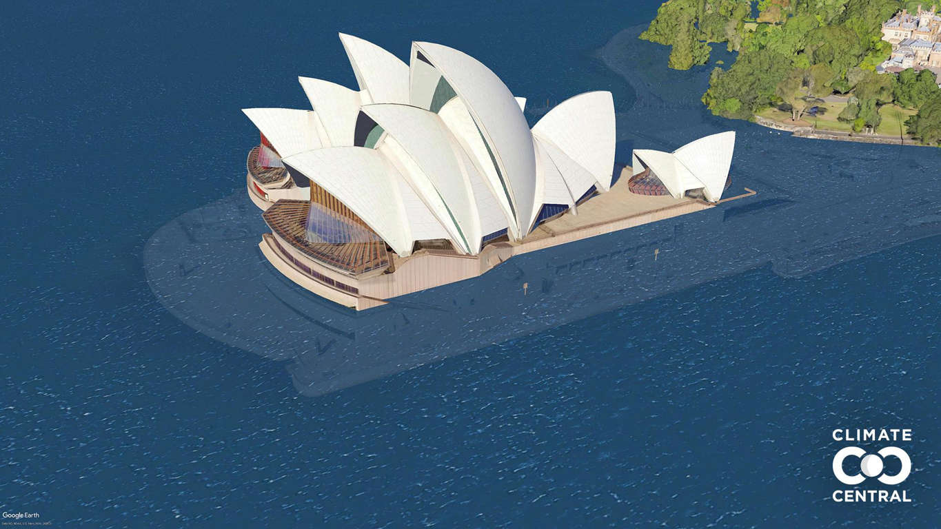 Slide 38 de 46: A arquitetura original da Sydney Opera House a tornou um dos símbolos da cidade e de toda a Austrália. Foto: Clima Central